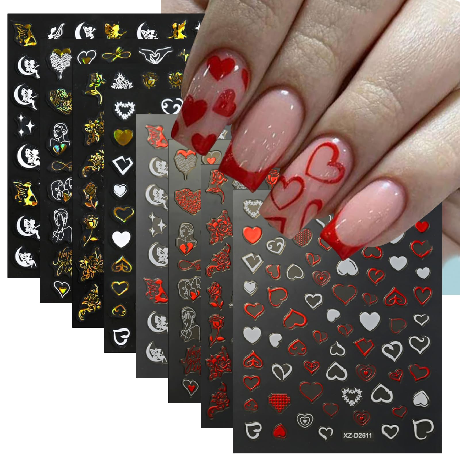 8 Pieces Valentine's Day Nail Art Stickers Hollow Heart-Shaped Nail Stickers 3D self-Adhesive Angel Nail Decals red Gold Rose Heart-Shaped Flower Nail