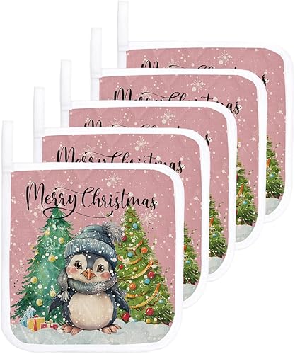 Miniatura 8 de Juego de 2 soportes para ollas de pingüino de Navidad para cocina, platos de horno, almohadillas a prueba de calor con lazo para colgar, agarraderas