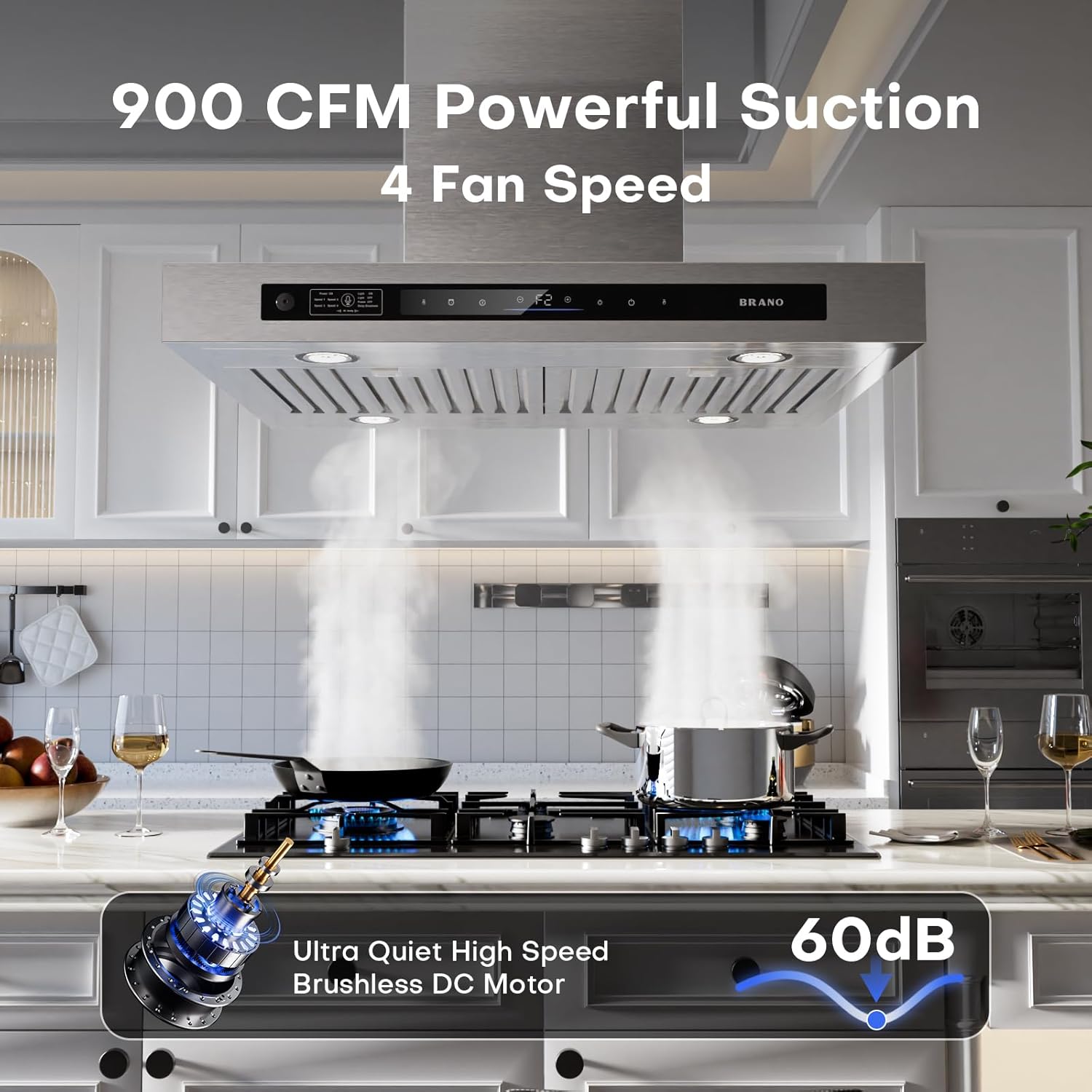 BRANO Island Range Hood 30 Inch with 900 CFM 4 Speeds，Voice/Gesture/Touch Control Kitchen Hood, Ducted/Ductless Convertible，Adjustable Lights Stainless Steel Vent Hood