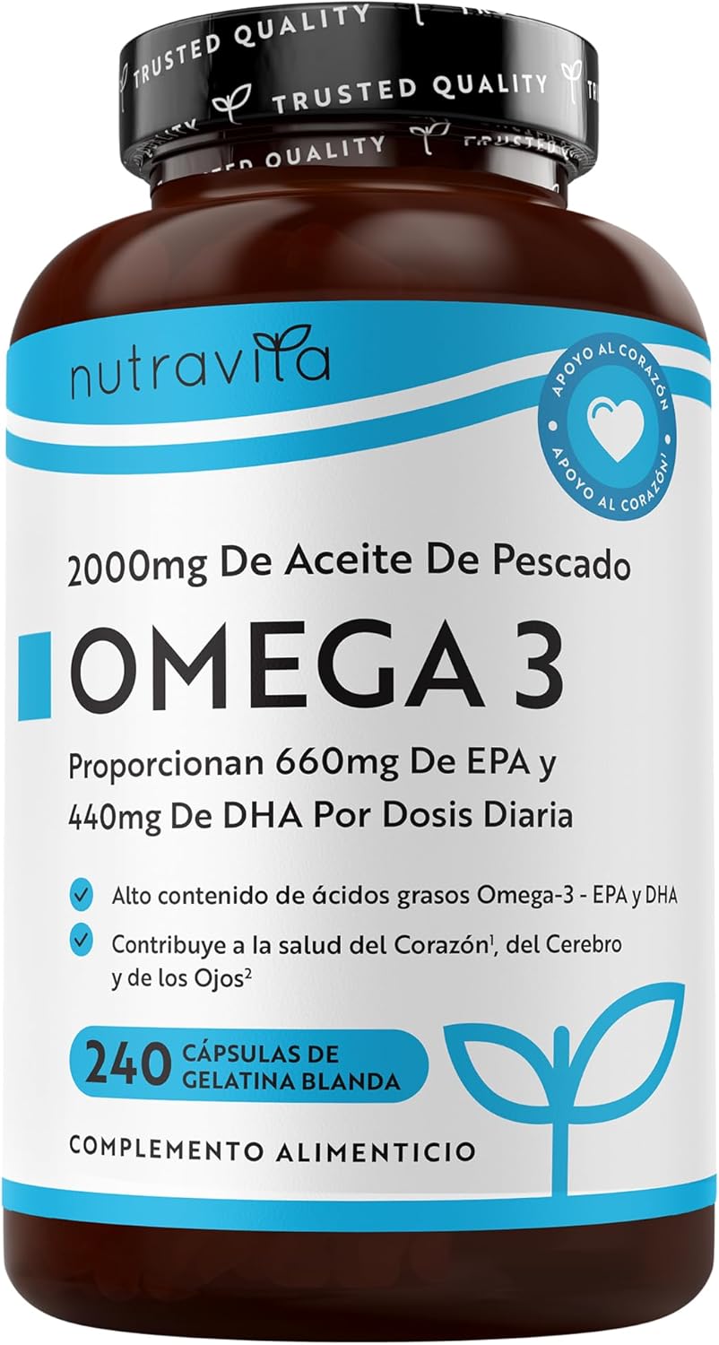 Nutravita Omega 3 2000mg, con 660mg EPA y 440mg DHA, 240 Cápsulas Blandas para 4 Meses - Corazòn, Función Cerebral y Visiòn (EFSA) Omega 3 Capsulas Suplementos para Hombres y Mujeres