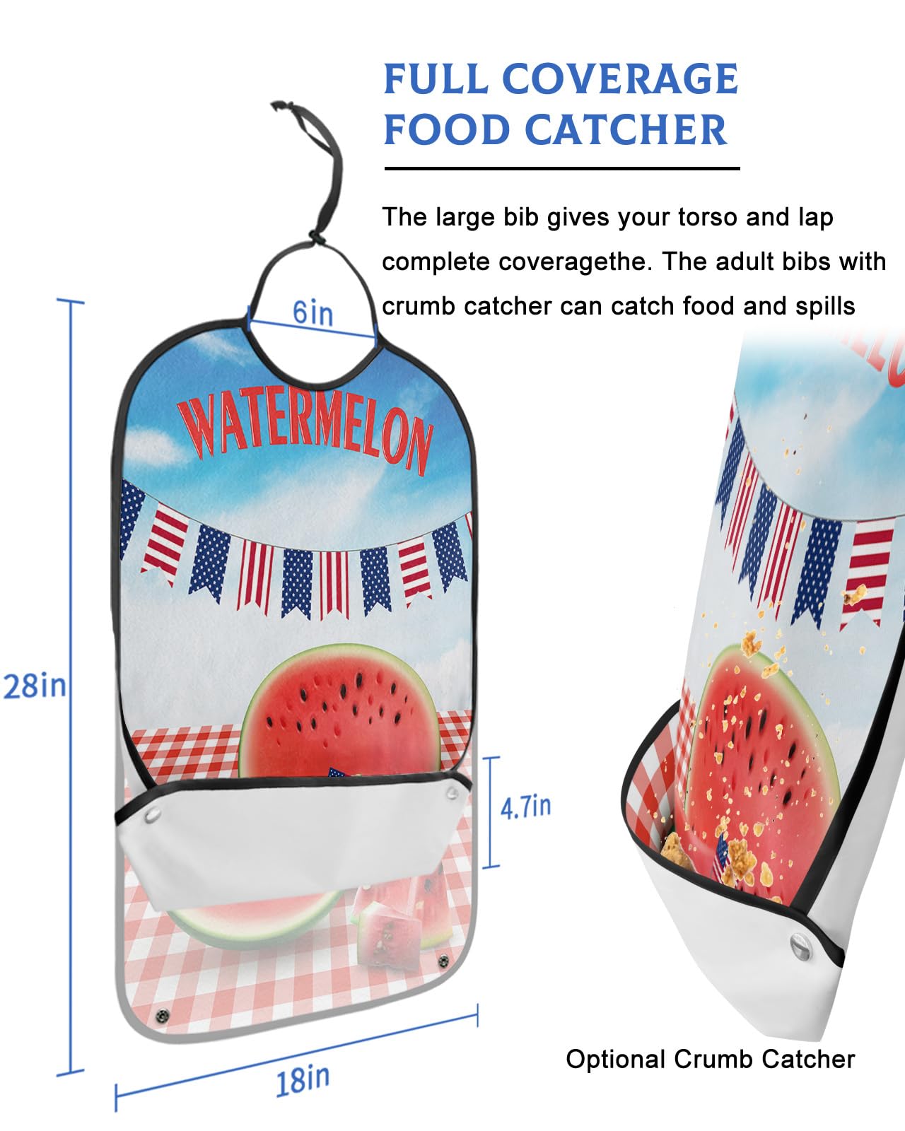 4th of July Adult Bibs for Eating, Waterproof Bibs with Food Catcher & Adjustable Snap Closure, Independence Day Summer Watermelon Red Plaid Clothing Protectors Adult Bibs for Elderly Women/Men