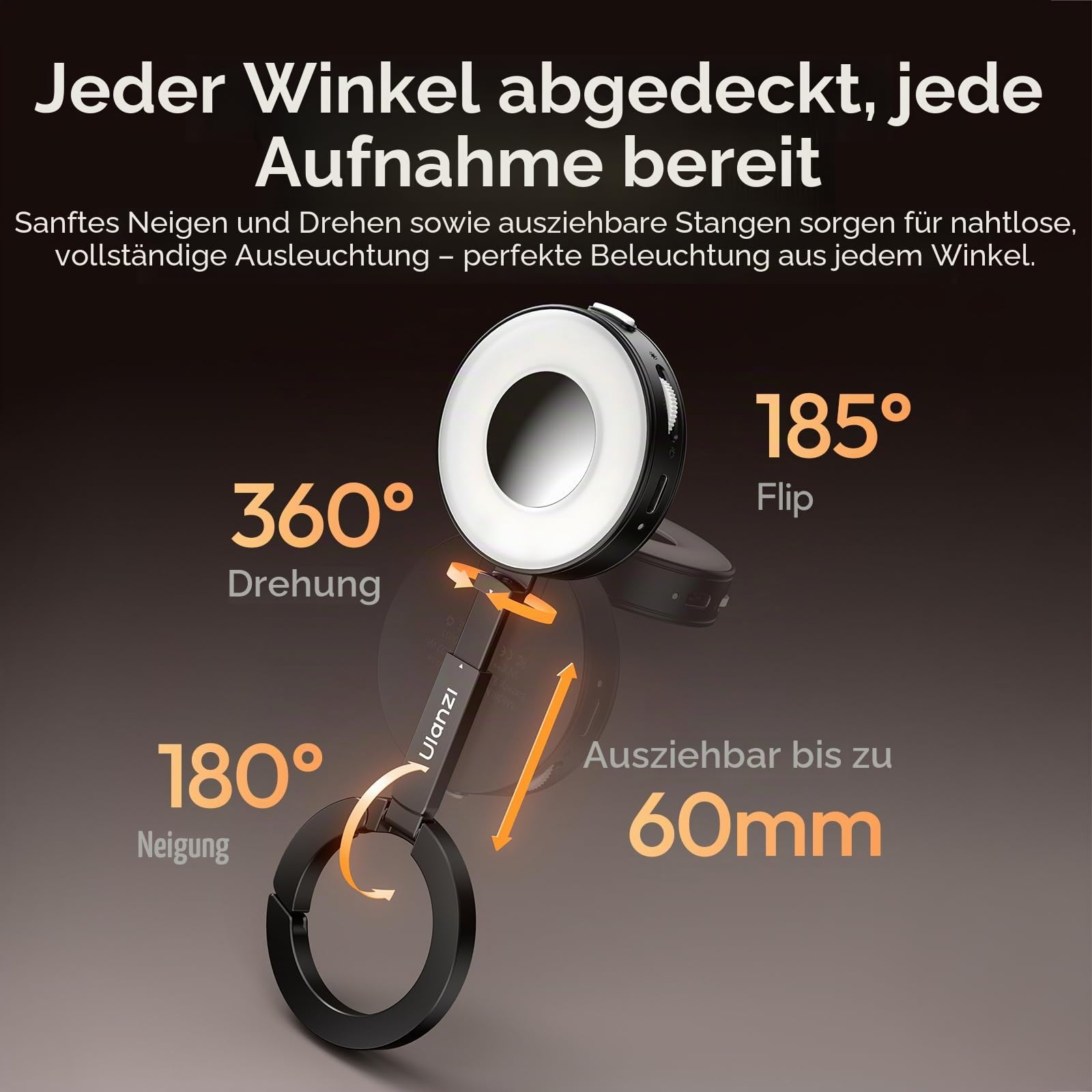 ULANZI ML05 Magnetische Selfie Licht für iPhone, Dual Magnet LED Ringlicht mit Spiegel, 9000K CRI≥97, Weitwinkel-Beleuchtung, Handy-Licht ideal für Reise-Vlogs, Foto- und Videoaufnahmen