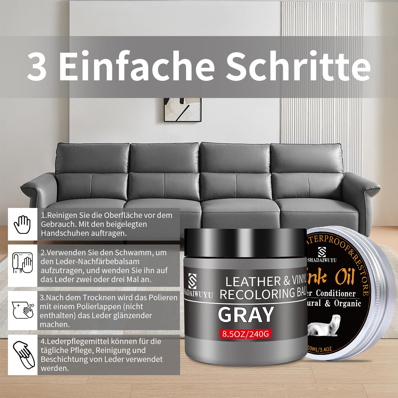 SHADAIWUYU 240g Lederpflege Auto mit Lederfett(100ml),Leder Reparatur Set Grau,Flüssigleder,Lederfarbe,Kunstleder Reparaturset zum Reparieren von Sofas,Vinylmöbeln,Autositz bei Verblassen und Kratzer