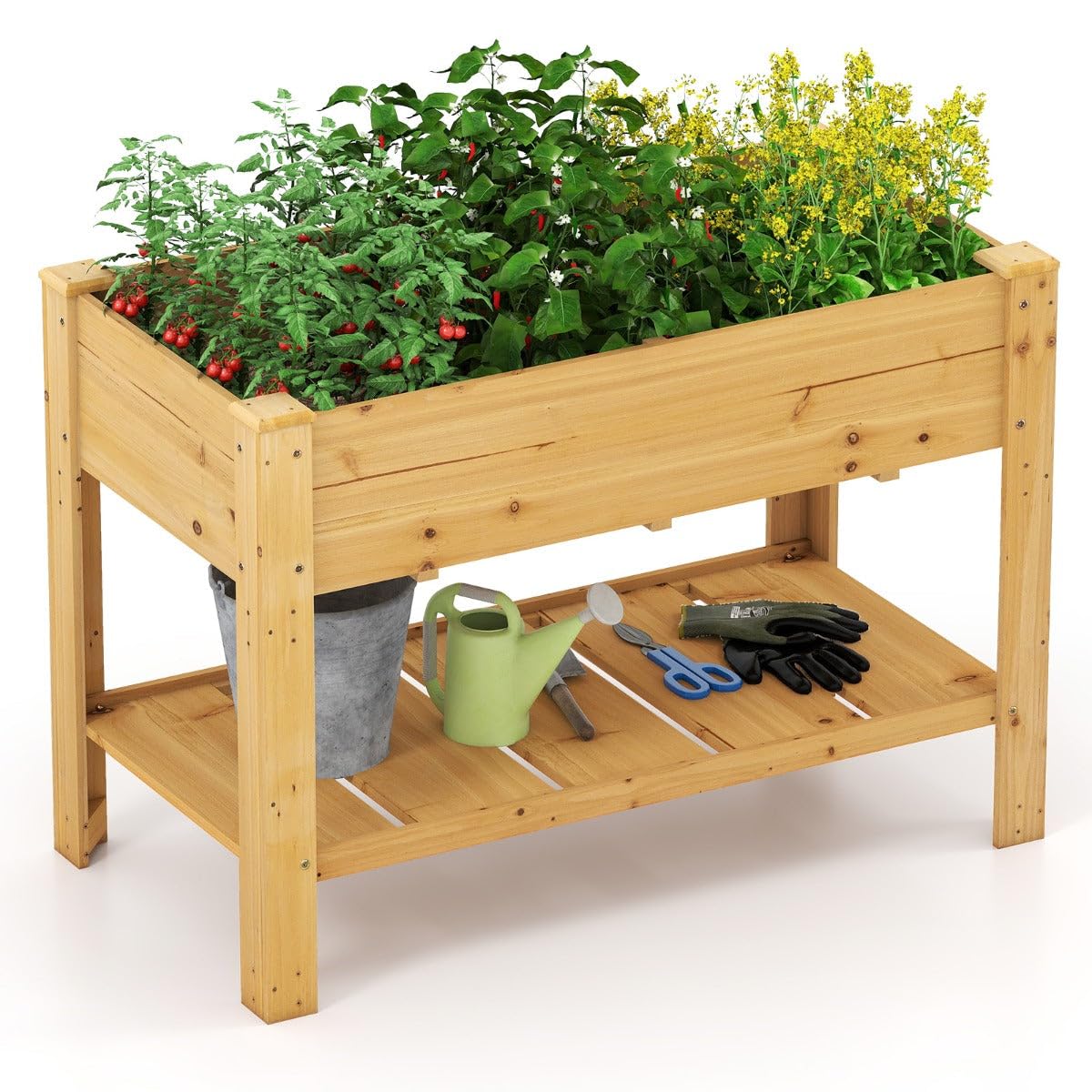 Helloshop26 - Jardinera elevada, madera, 120 x 60 x 81 cm, con estante de almacenamiento ergonómico, diseño natural, 20_0012206