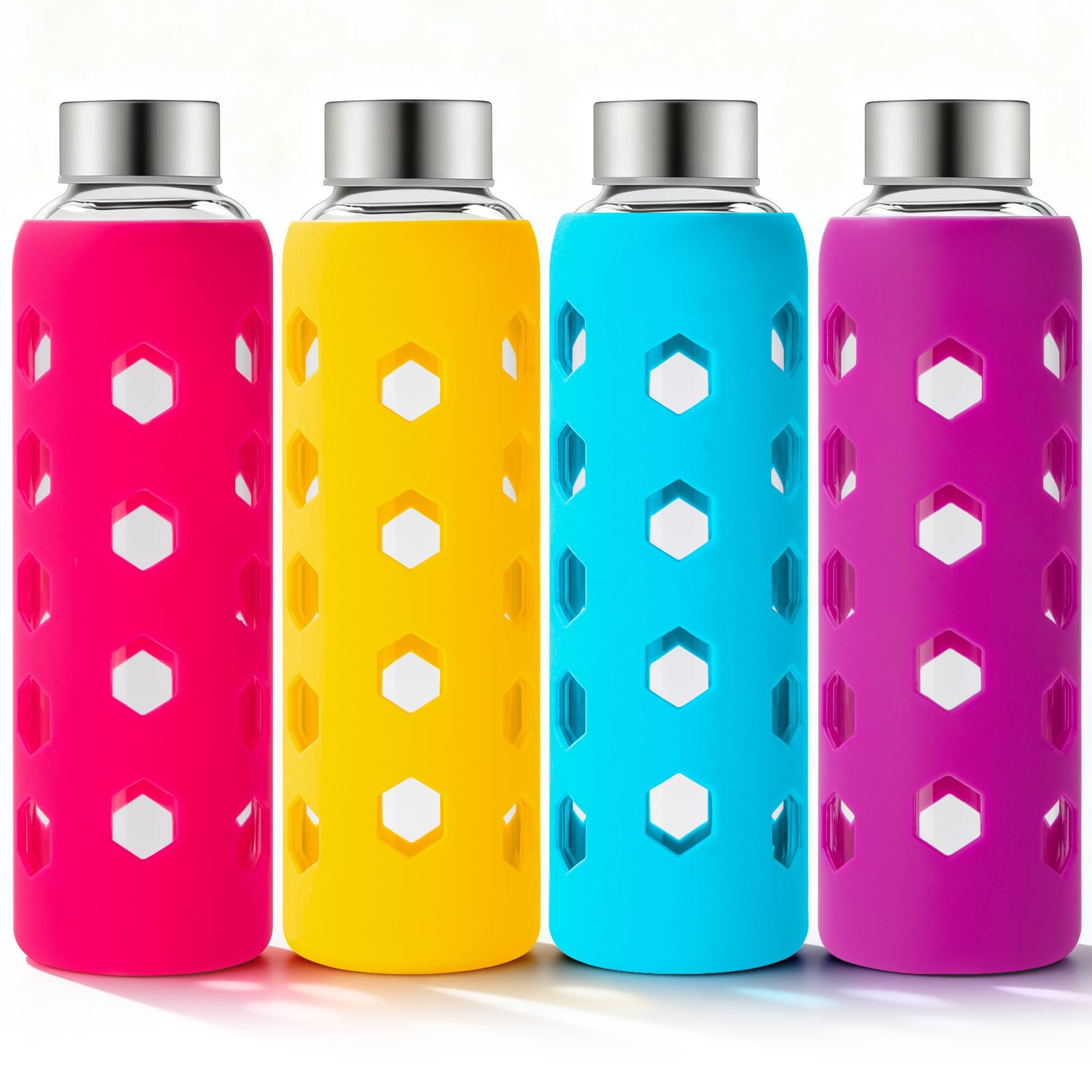 Mrsdry Lot de 4 bouteilles d'eau en verre transparent avec couvercles et manchons en silicone, 550 ml, réutilisables avec bouchon hermétique en acier inoxydable, sans BPA, anti-fuite, pour boissons