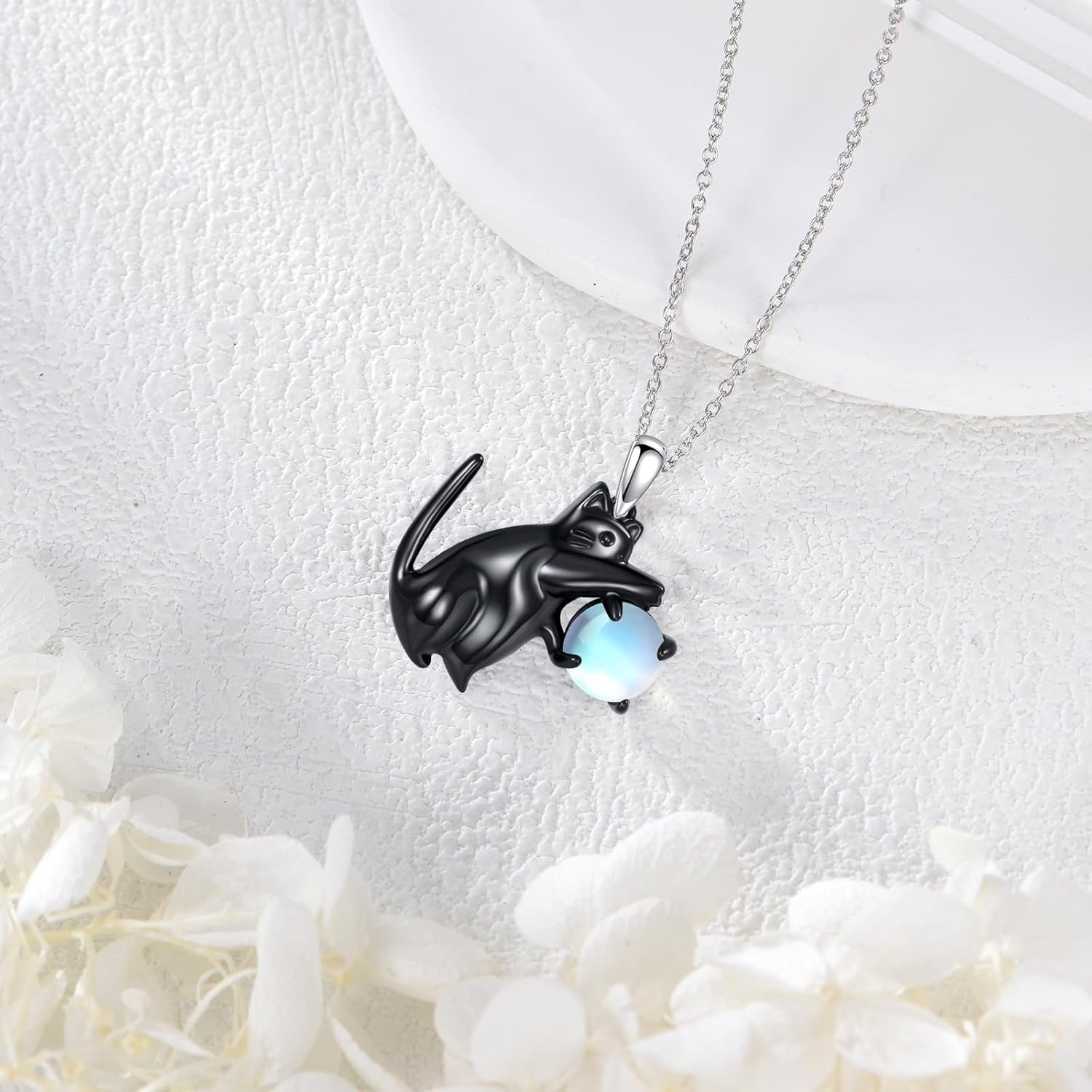 Cat Necklace Sterling Silver Cat with Moonstone Pendant Cute Animal Jewelry Gifts for Women Men - Image 2