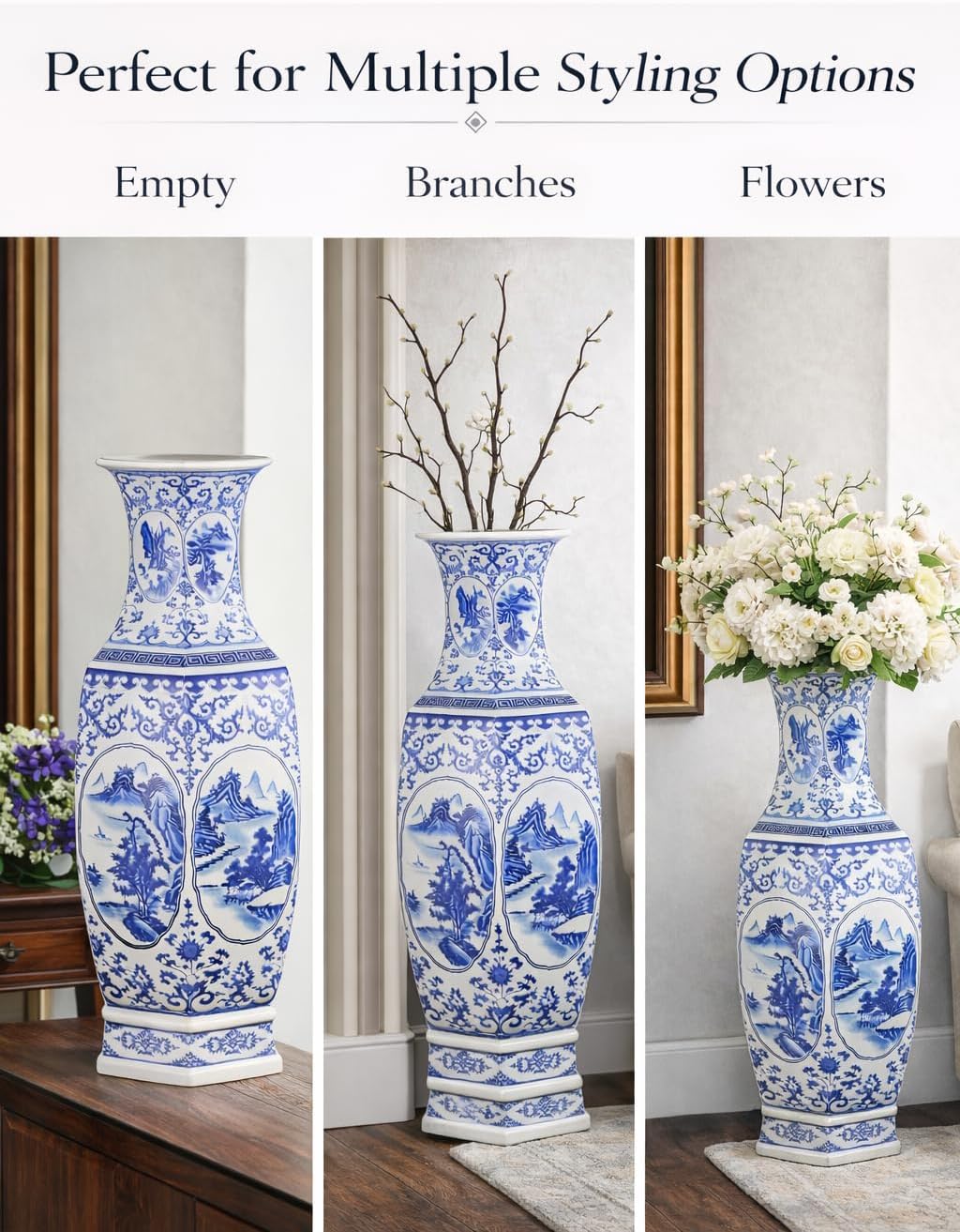 25" Classic Blue and White Hexagonal Lotus Porcelain Vase, Ceramic Vase Jingdezhen, China Qing Style （D9）