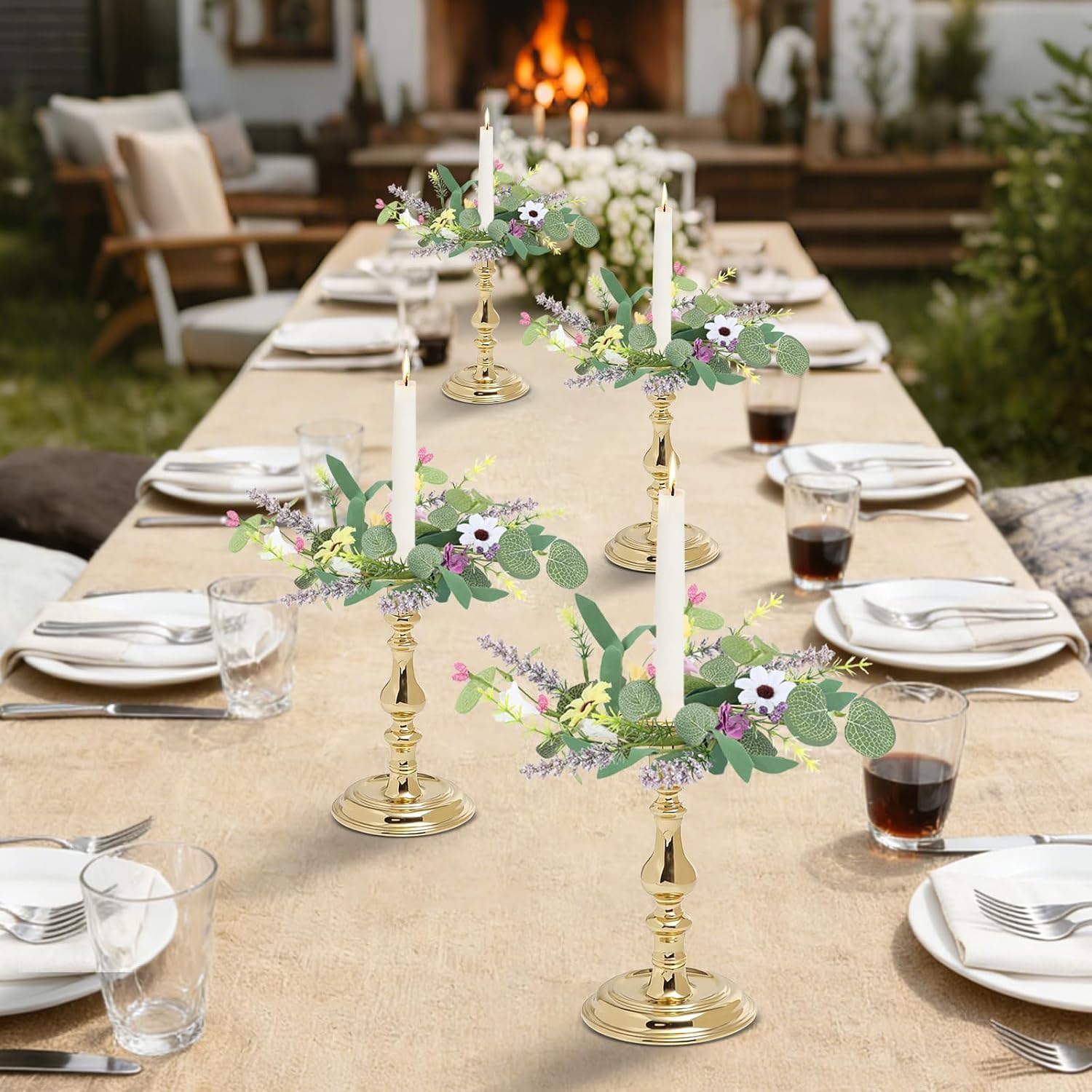 6 PCS Spring Flowers Taper Candle Rings Wreaths 1.38" Mini Spring Summer Floral Taper Candle Holder Wreaths Colorful Artificial Wildflowers Table Centerpieces Wreath for Church Home Wedding Decor