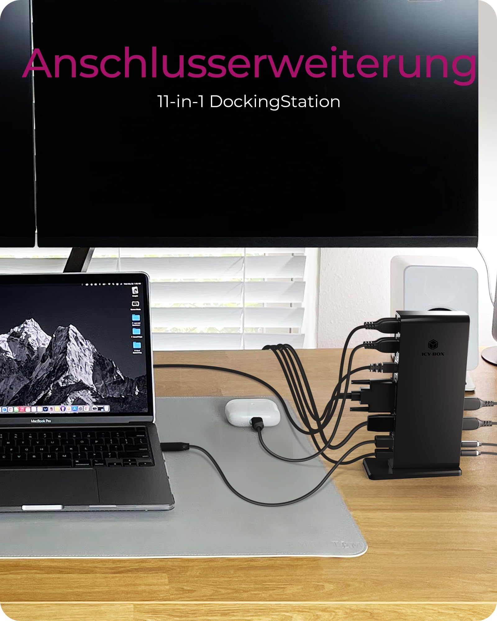 ICY BOX Laptop Docking Station (11-in-1) für 2 Monitore (1x HDMI und 1x DVI), 6x USB 3.0 HUB, Gigabit Ethernet, Audio, DisplayLink, IB-DK2241AC