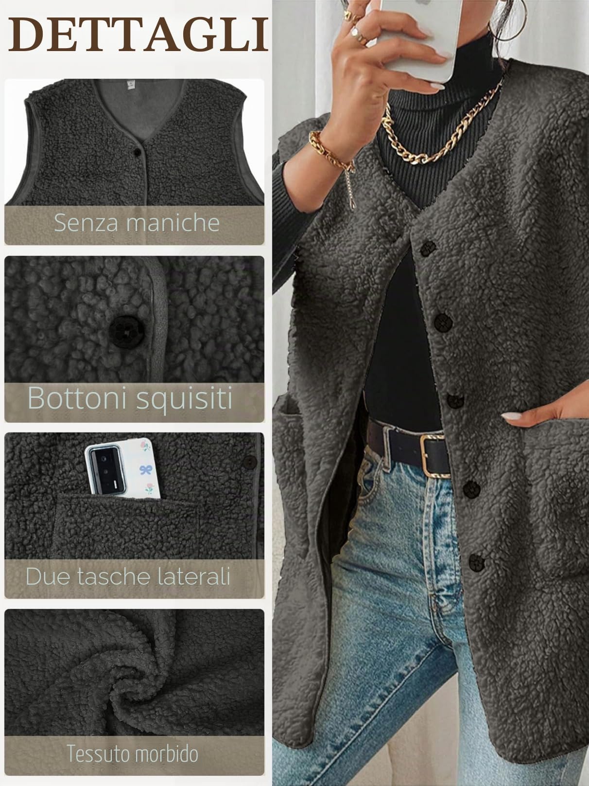 Gilet Donna Invernale in Pile Gilet Elegante Pile Lungo Smanicato donna Invernale Termico con Scollo a V e Bottoni Smanicato Caldo Casual Comodi Senza Maniche Giacca Teddy con Tasche Autunno
