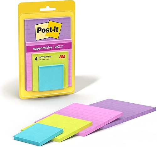 Post-it Notas súper adhesivas, tamaños surtidos, 4 blocs, 2 veces más poder de adherencia, neones de supernova, colores neón, reciclables