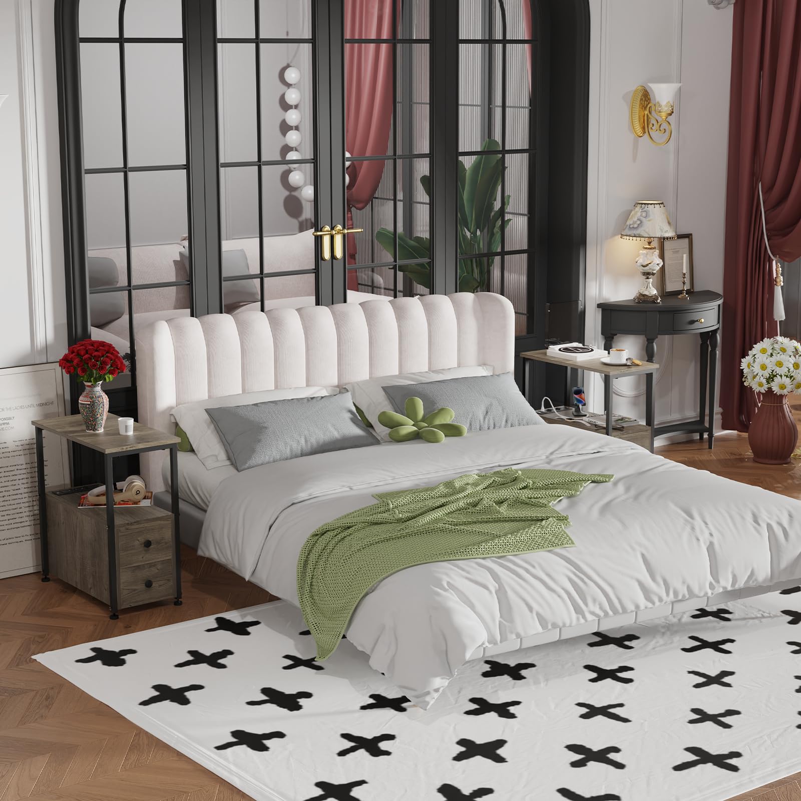 Mesita de Noche con Enchufe, Mesa Auxiliar con 2 cajón, Dormitorio Estrecha Mesitas de Noche, Organizador para Dormitorio, Sala de Estar Gris