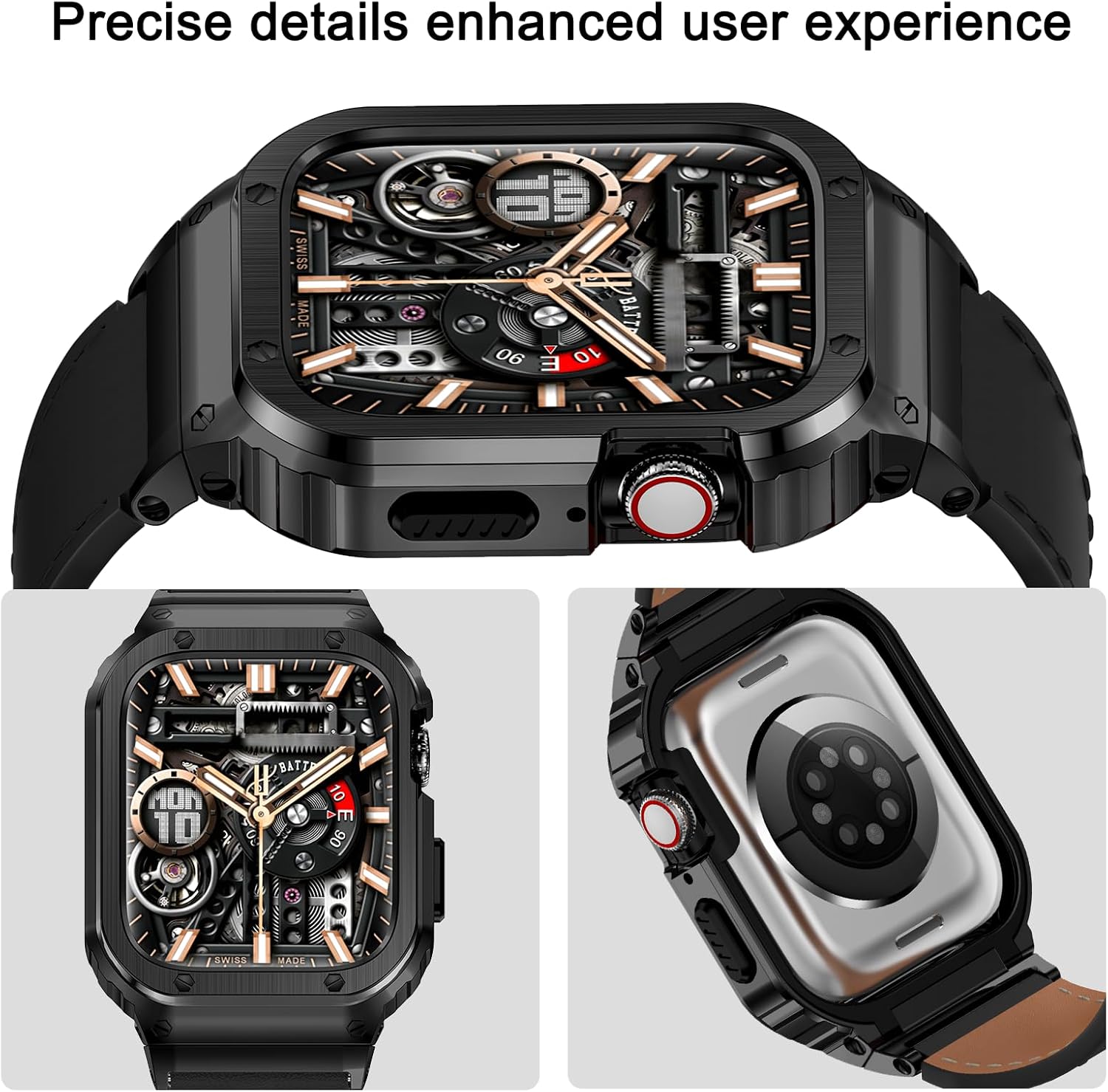 SUPLINK Leather Band with Stainless Steel Case for Apple Watch Ultra 3/2/1 & SE 3/2/1 & Series 11 10 9 8 7 6 5 4 3 2 1 49mm 46mm 45mm 44mm 42mm 41mm 40mm 38mm,Rugged Bumper for Men