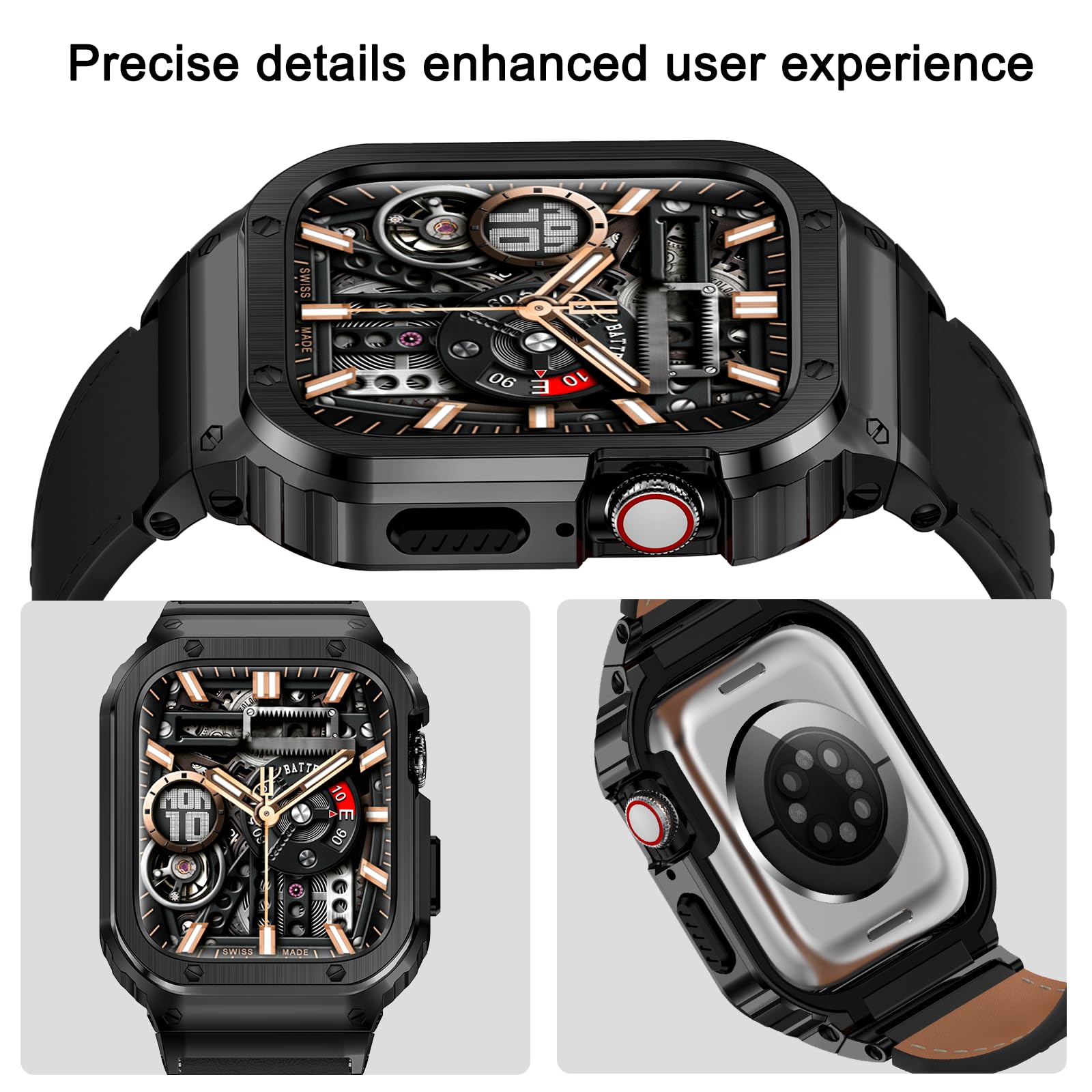 SUPLINK Stainless Steel Case and Leather Band Compatible with Apple Watch Bands 40mm 38mm 41mm Men, Replacement Strap for iWatch Apple Watch Series 9 8 7 6 5 4 3 2 1 SE Black