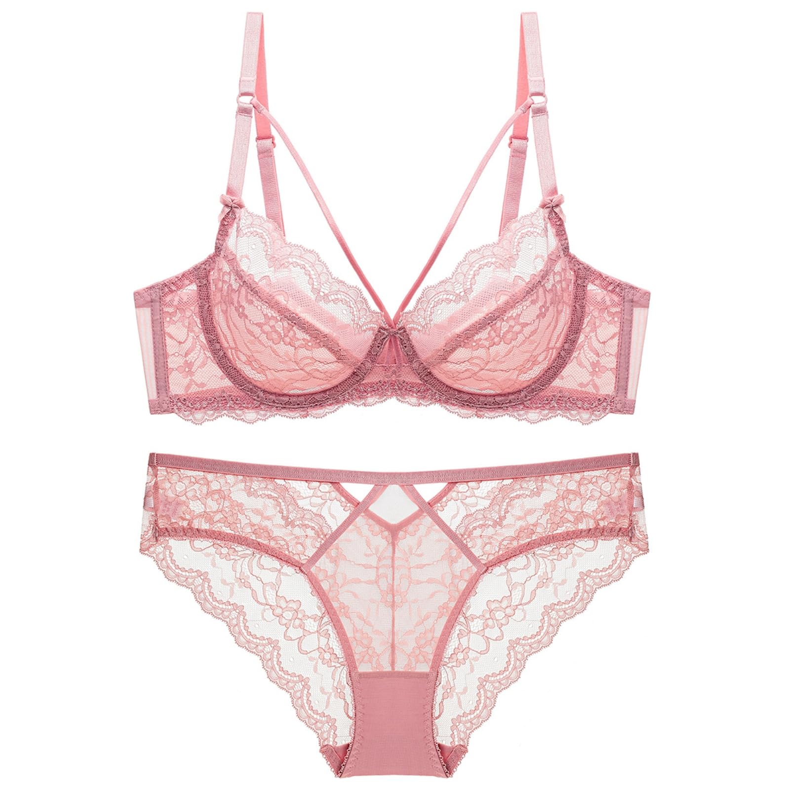 ANTTK - Conjunto de brasier de encaje para mujer, brasier transparente de cobertura completa, brasier push up sin varillas, estilo francés, talla grande, brasier con aros para uso diario