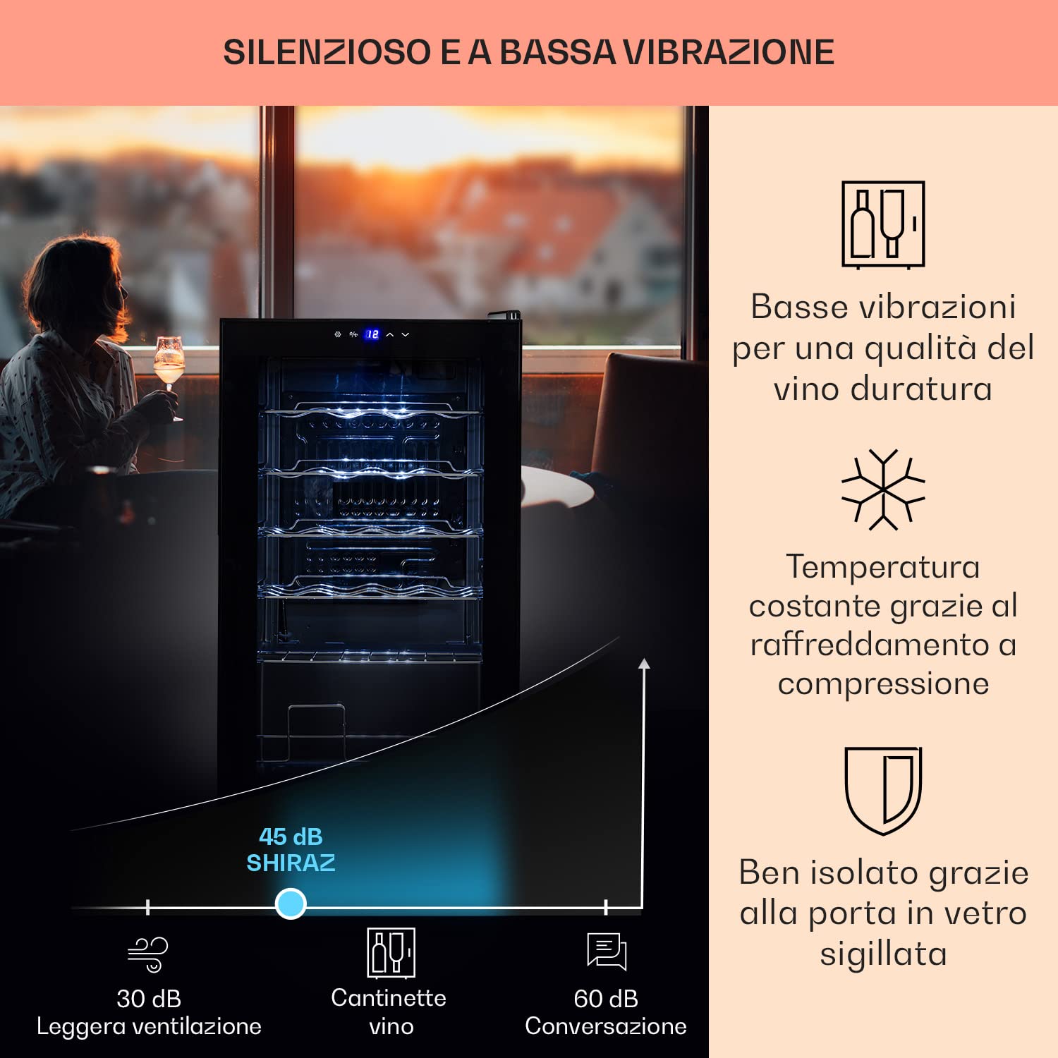KLARSTEIN Cantinetta Vino Design, Cantinetta Vino Refrigerata a Zona Singola per Vino Rosso, Bianco e Birra, Controlli Touch, Frigo Vino Cantinetta per Esterno/Interno, 5-18°C, 63L, 24 Bottiglie