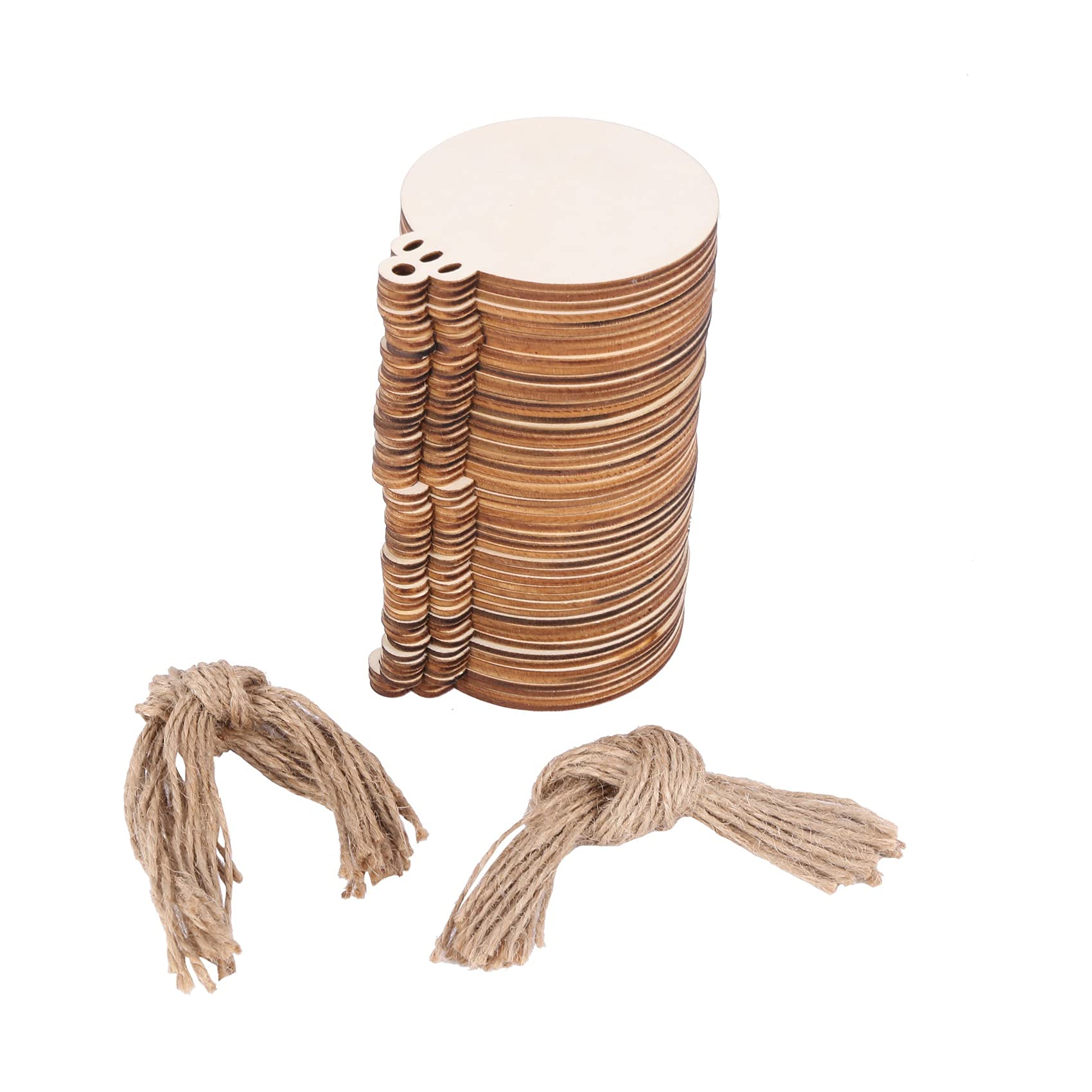 CTRLZS 50pcs DIY Craft Wooden Round Bauble with 50pcs Twines to Paint, Unfinished Christmas Hanging Ornaments Natural Blank Wood Discs Bulk Slices for Rustic