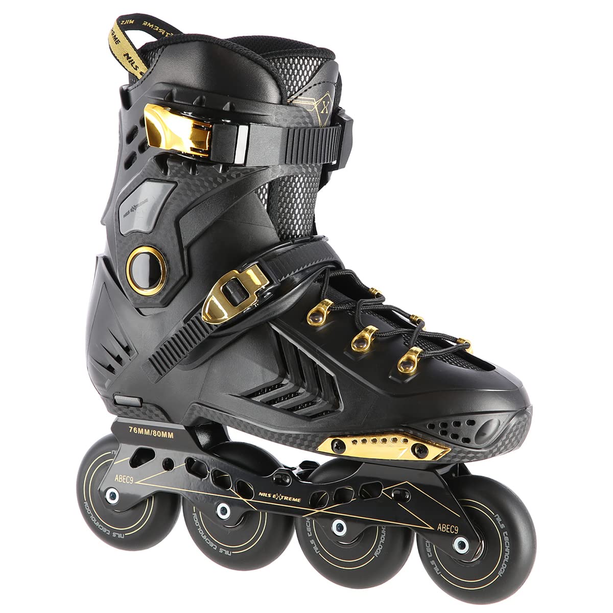 Nils Extreme Rollers pour homme et femme - Rollers en ligne - Roulements ABEC9 - Rollers adultes - Roulettes 85A - Rollers - Noir et or - NA20002