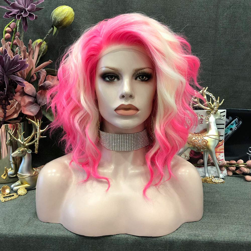 IMSTYLE Pink Blonde 13x2 Lace Front Wigs, 14 Inch Short Wavy Synthetic Bob,nFree Part with Natural Hairline Shoulder Length for Women (Blonde Pink) 13*2 Blonde