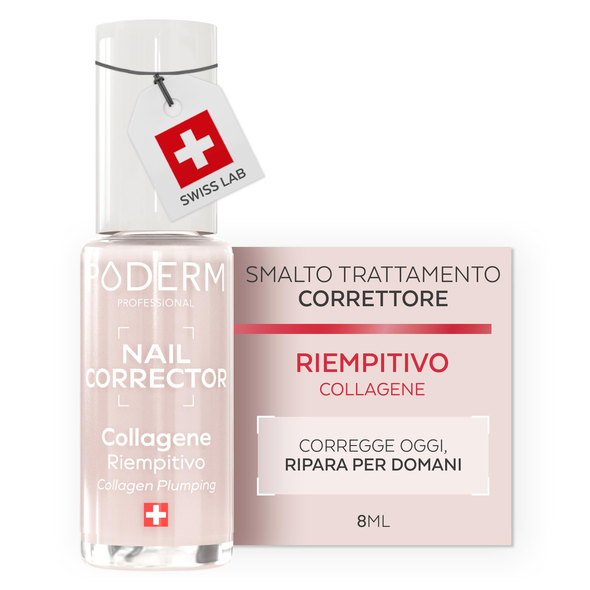 PODERM Smalto Trattamento Correttore & Perfezionatore – Collagene | Leviga, Attenua e Riempie Striature con Finish Gel Naturale – 8ml | Unghia Protetta Uniforme | Sviluppato da un Podologo in Svizzera