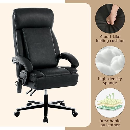 Miniatura 6 de DYHOME Silla de oficina de cuero negro con masaje y reposapiés, sillas de escritorio resistentes, sillas ergonómicas giratorias para juegos de