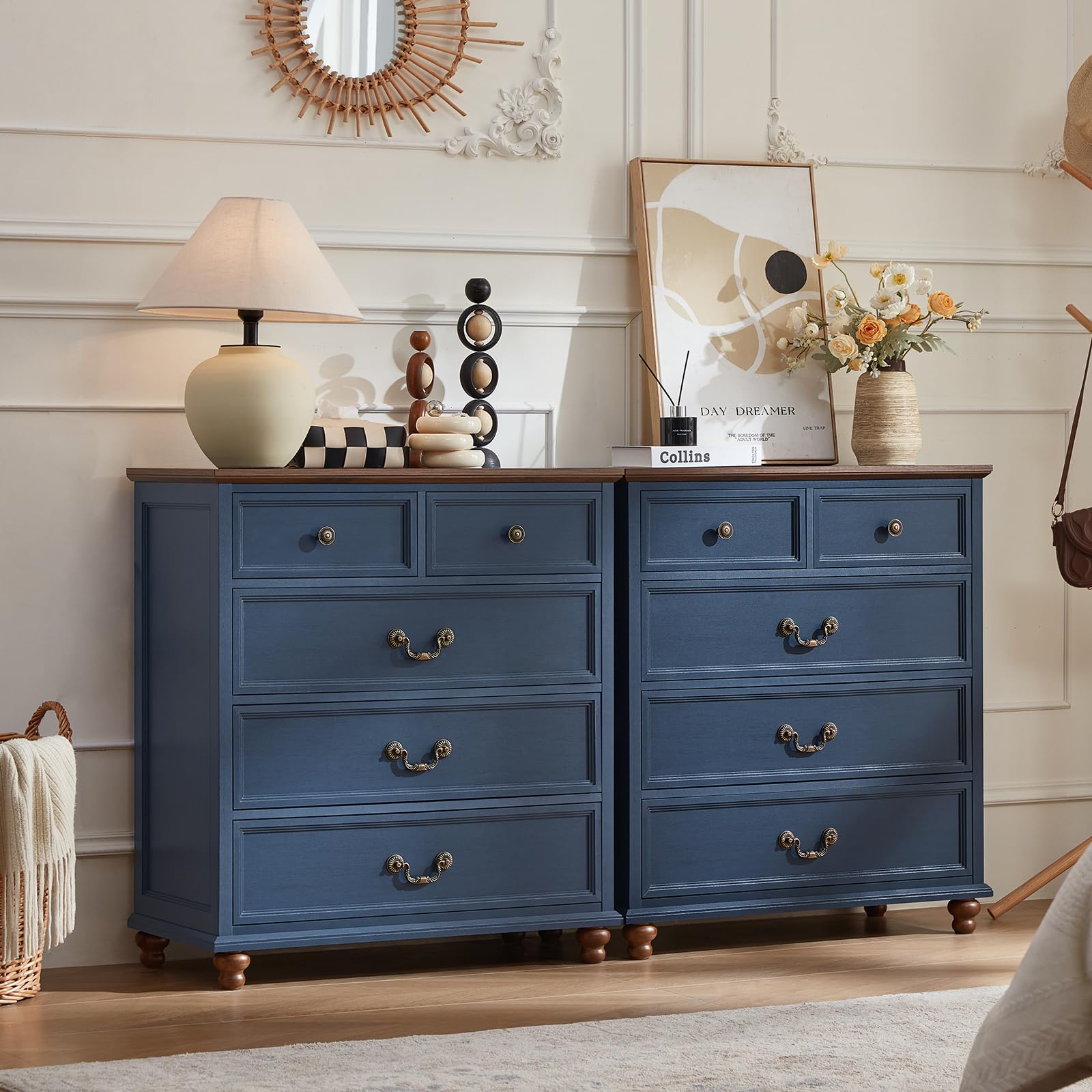 Joaxswe Farmhouse 5 Drawer Dresser Set of 2 for Bedroom, 35" Tall Rustic Chests of Drawers w/ 4 Solid Wood Feet, Mid Century Vintage Wooden Closet Storage Dressers Organizer for Living Room, Blue