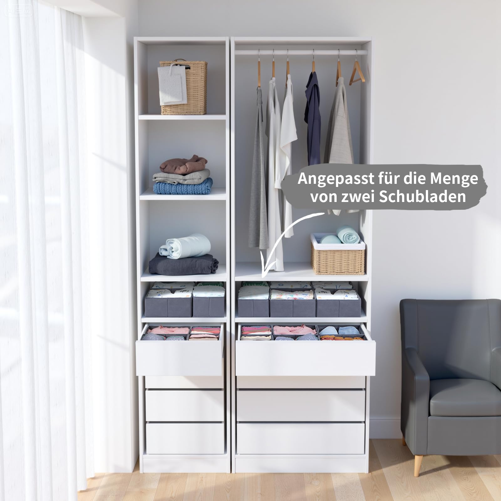 Lot de 12 organisateurs de tiroirs, compatibles avec l'armoire PAX, 75 x 58 cm, pliables et solides, boîtes de rangement robustes, pour vêtements, gris