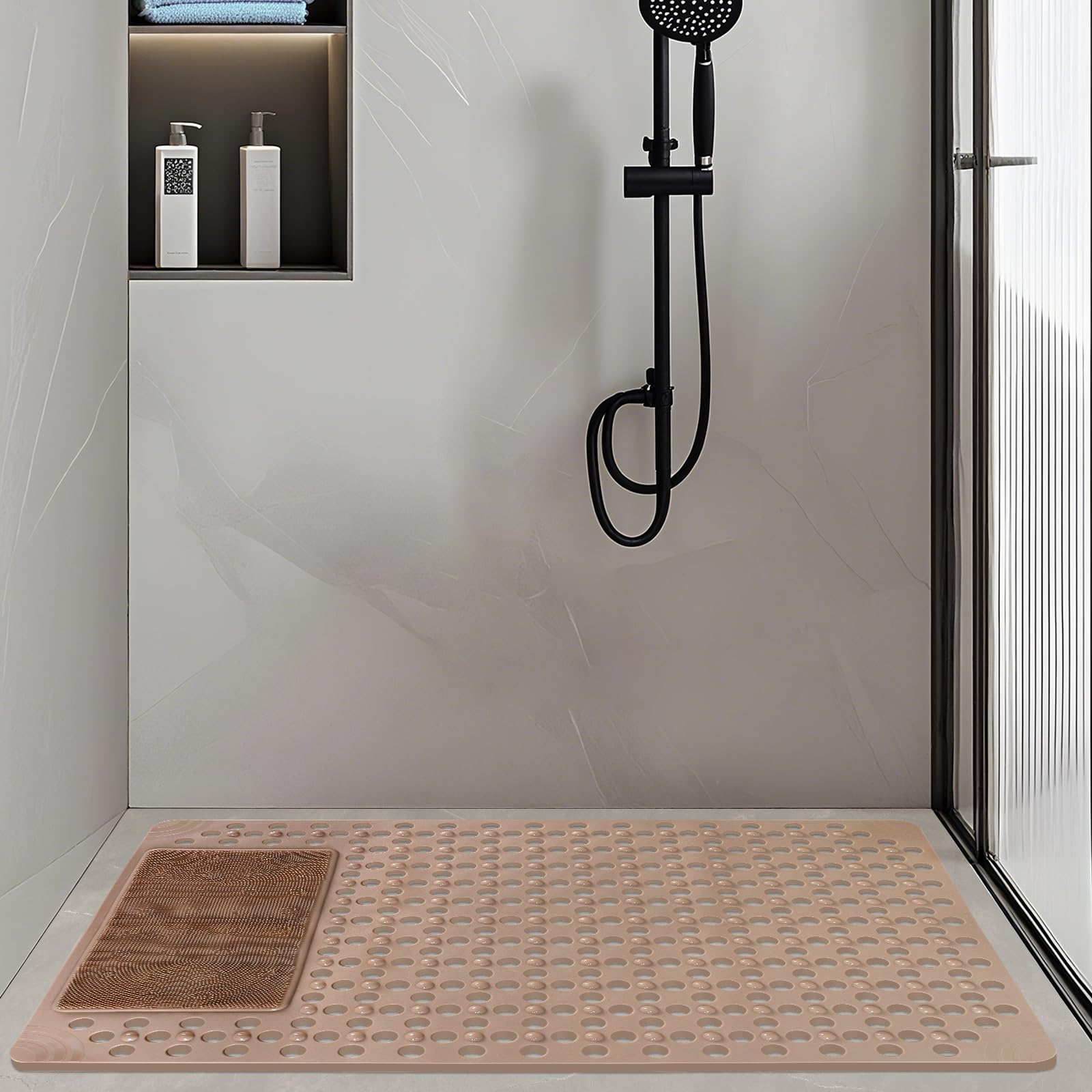 Tappetino da doccia antiscivolo: 89,9 x 59,9 cm, grande, in PVC, pesante, per doccia interna, ad asciugatura rapida, opaco, con foro di scarico e ventose per anziani