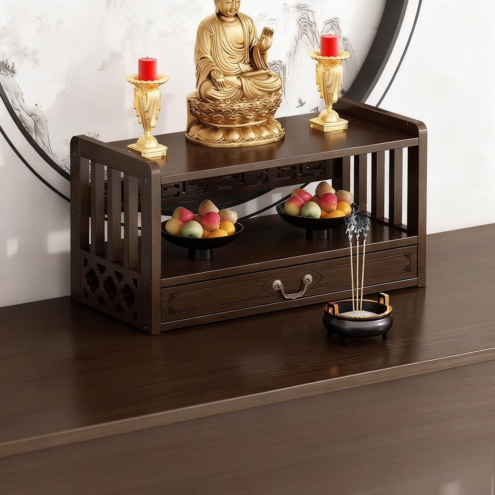 JNTFNE Buddhist Altar, Altar Table with Drawer, 3-Tier Meditation Table, Shrine Shelf, Small Buddha Niche, for Puja, Divination, Displaying Jars, Book(Brown,52x25x28cm)