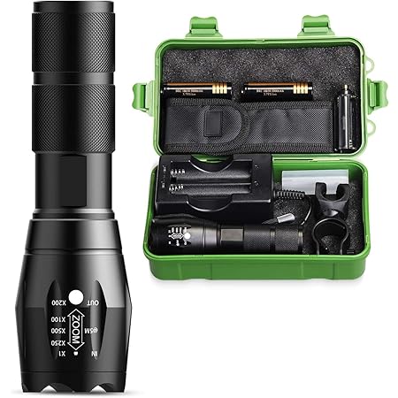 RECHOO LED Torch Rechargeable, 2000 Lumen Super Bright Tactical Torches with 2 Rechargeable Batteries and USB Charger, 5 Mode IP65 Waterproof Zoomable Flashlight for Fishing Camping Emergency