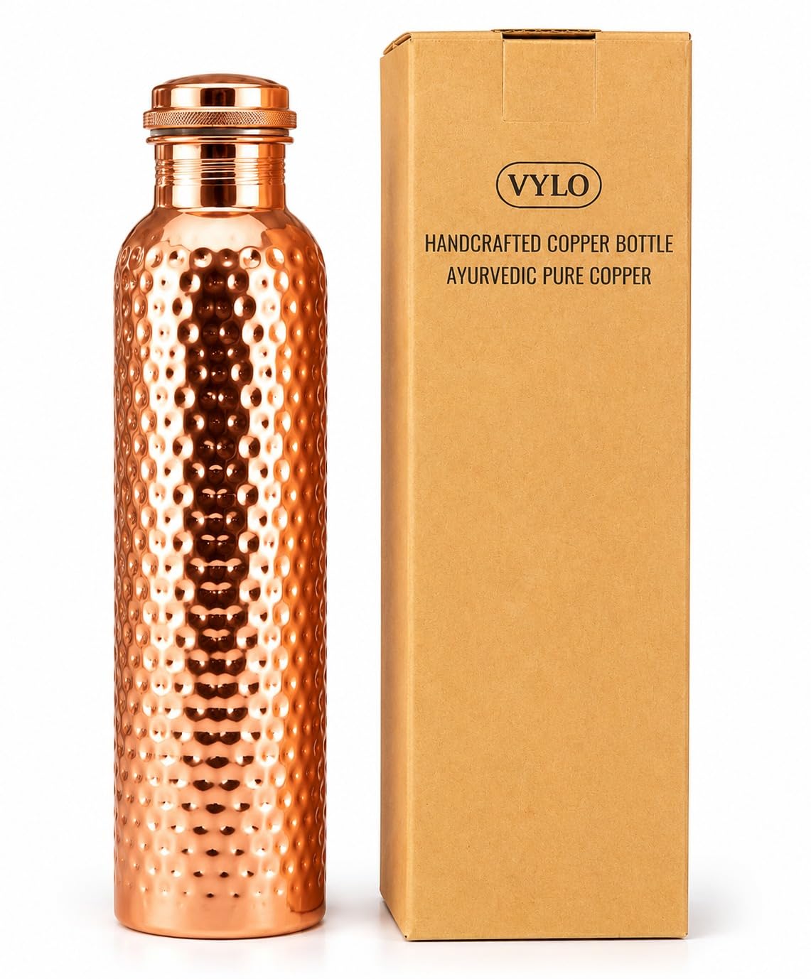Photo 1 of [SLIGHT BENT] VYLO 100% Pure Copper Water Bottle 34oz (1000ml) | Handmade Hammered Design Copper Bottle BPA Free Ayurvedic Drinking Bottle with Leakproof Lid for Home, Office & Travel