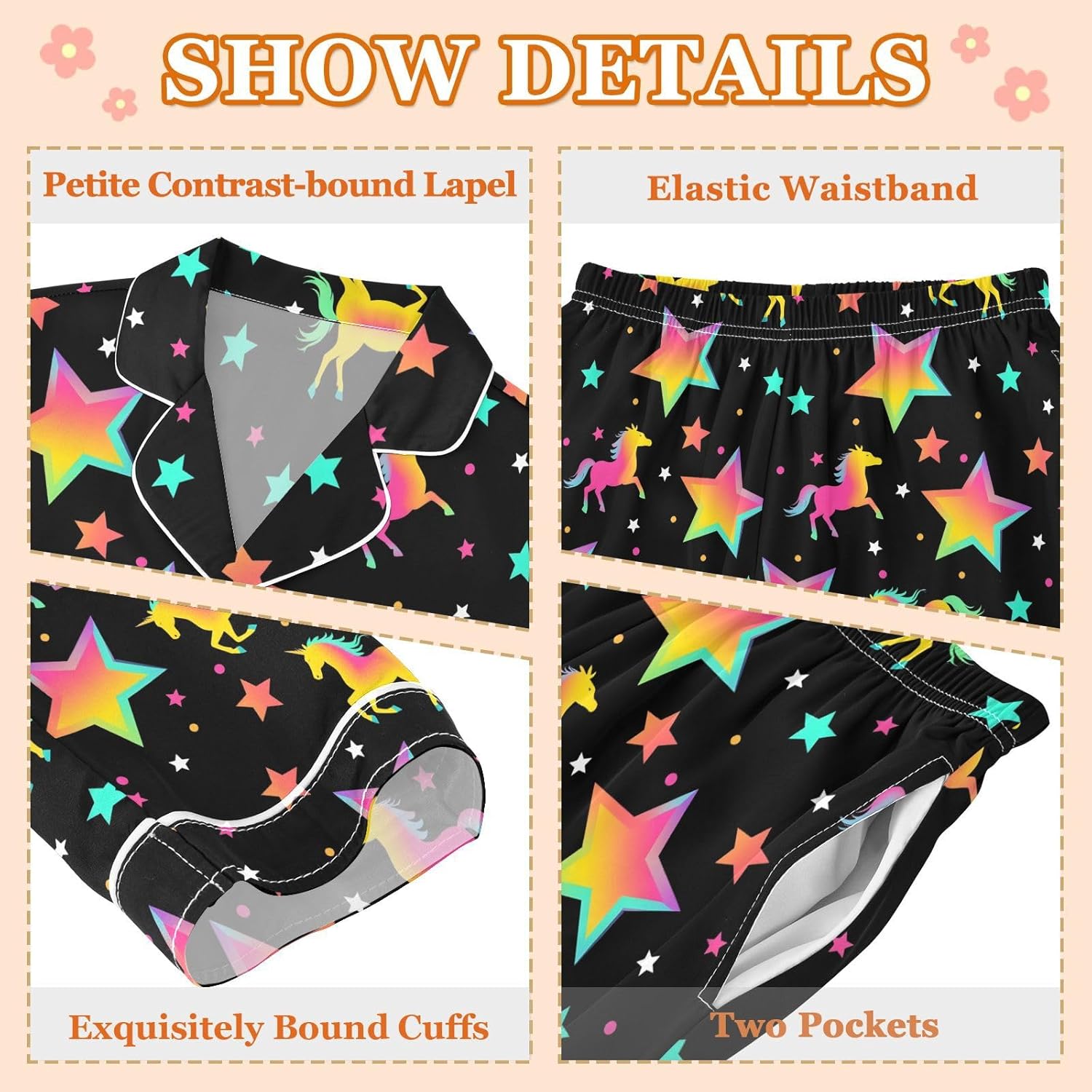 Gradient Star Unicorn Satin Pajama Sets Long Sleeves Nightwear Button Down Sleepwear