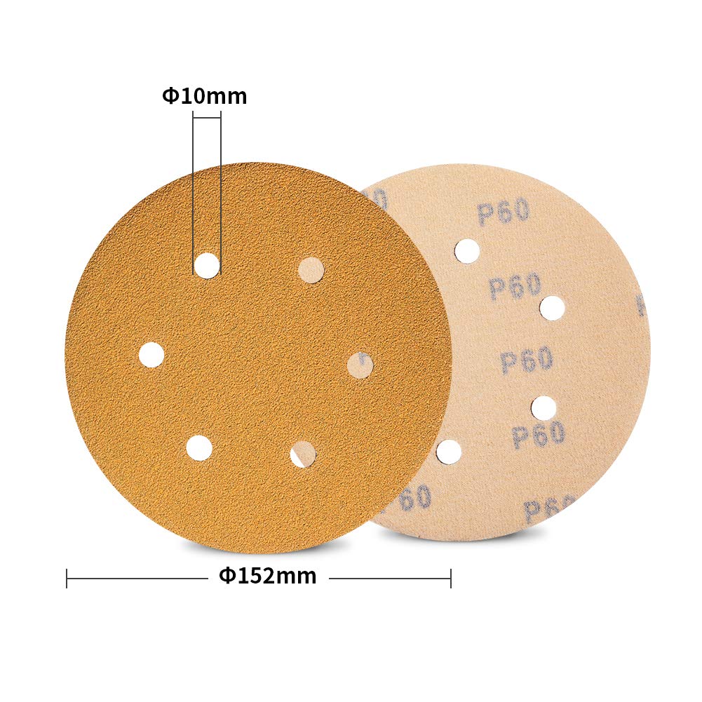 SPEEDWOX 100 Pcs 6 Inches Hook and Loop 6 Hole Sanding Discs 60 Grit Dustless Sandpaper Fit for Random Orbital Sander Yellow Finishing Discs for Automotive Woodworking