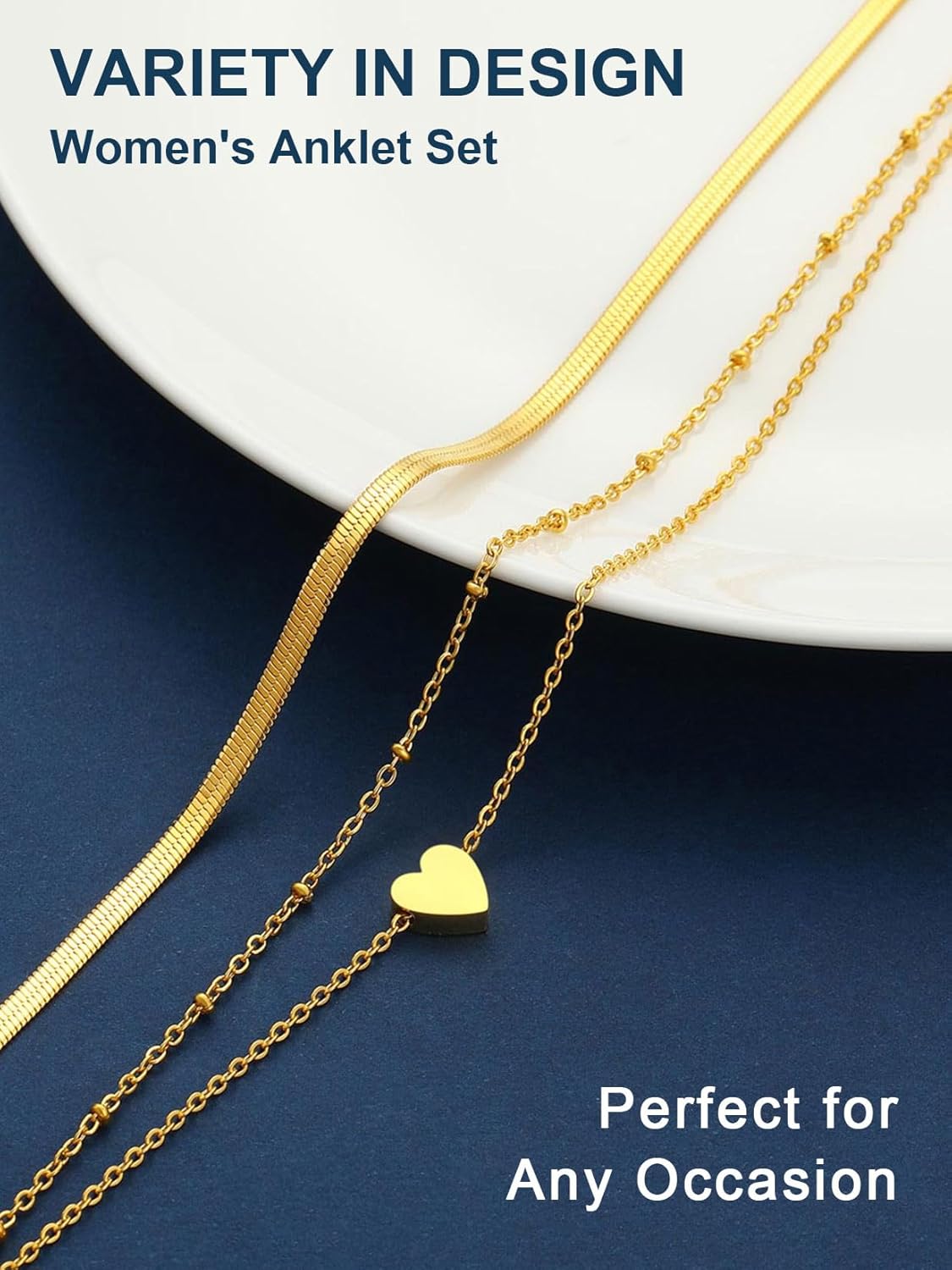 Ankle Bracelets for Women,2/3 PCs Stainless Steel Heart/Cuban Link/Figaro/Snake/Rope Chain Anklets Waterproof,Trendy Dainty Layered Anklet Chains Sets Adjustable 8.5 inches+5cm Beach Jewelry Gift