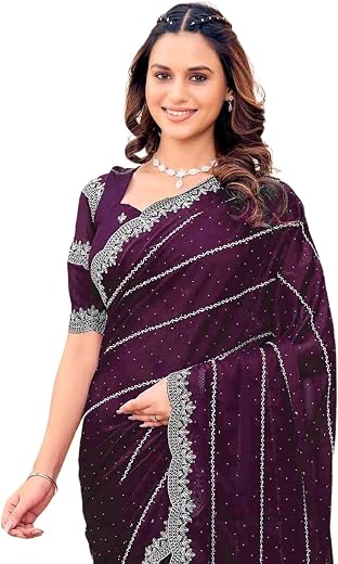 SIRIL Women's Shimmer Georgette Embroidery &amp; Stone Work Scalloped Border Saree With Unstitched Blouse Piece