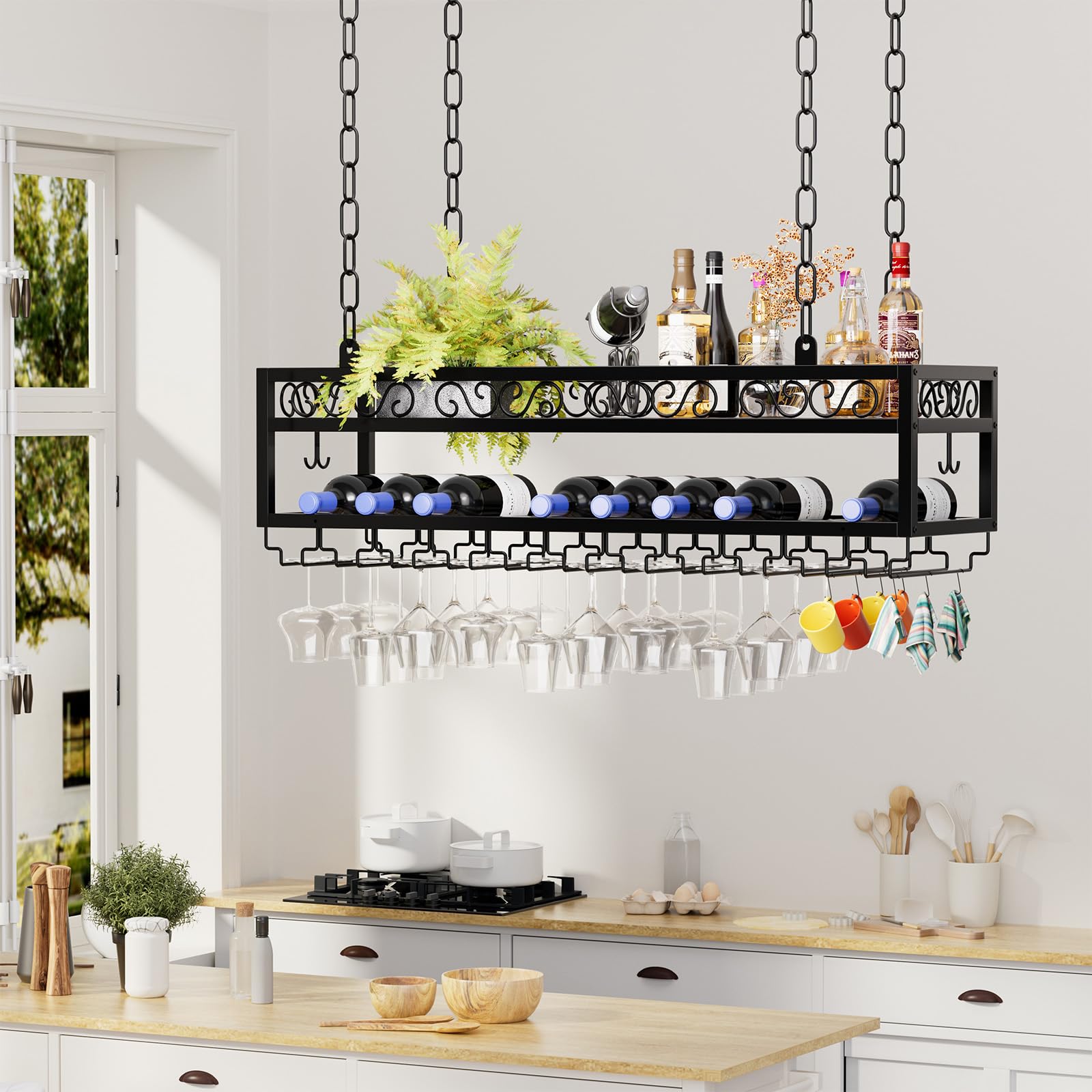 Estantería de techo para vino, altura ajustable, con soporte de cristal y cadena de hierro, 2 capas, estilo industrial, para bares, restaurantes, cocinas, cafeterías