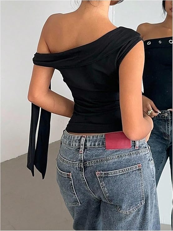 SweatyRocks Women's Y2K One Off The Shoulder Tops Punk Tie Knot Going Out Crop Tank Top