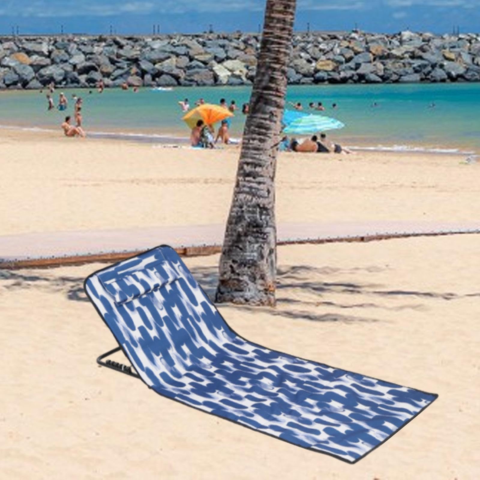 Silla de Playa Plegable con Respaldo, Tumbona de Playa, Tumbona Acolchada para Jardín, Césped, Deportivos Y Viajes, Azul y