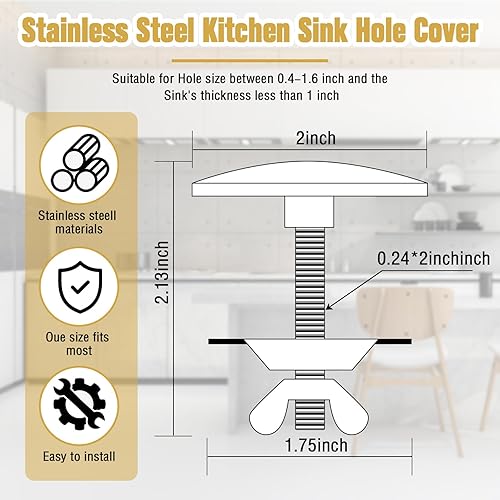 Vista 16 de LEIFIDE 2 piezas de 2 pulgadas para fregadero de cocina de 2 pulgadas, cubierta de orificio de grifo de acero inoxidable para fregadero de cocina