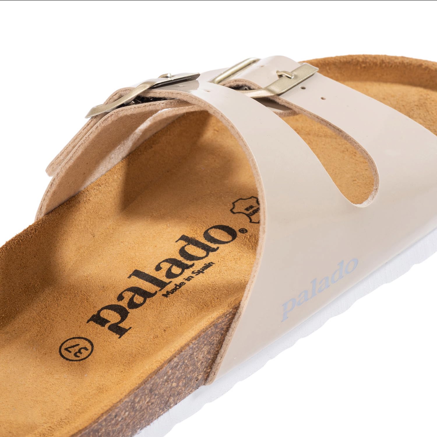 Palado Pantoletten Damen Milos Lack – elegante Sandalen Made in Spain - bequeme Hausschuhe mit Kork-Fußbett - modische Sommerschuhe