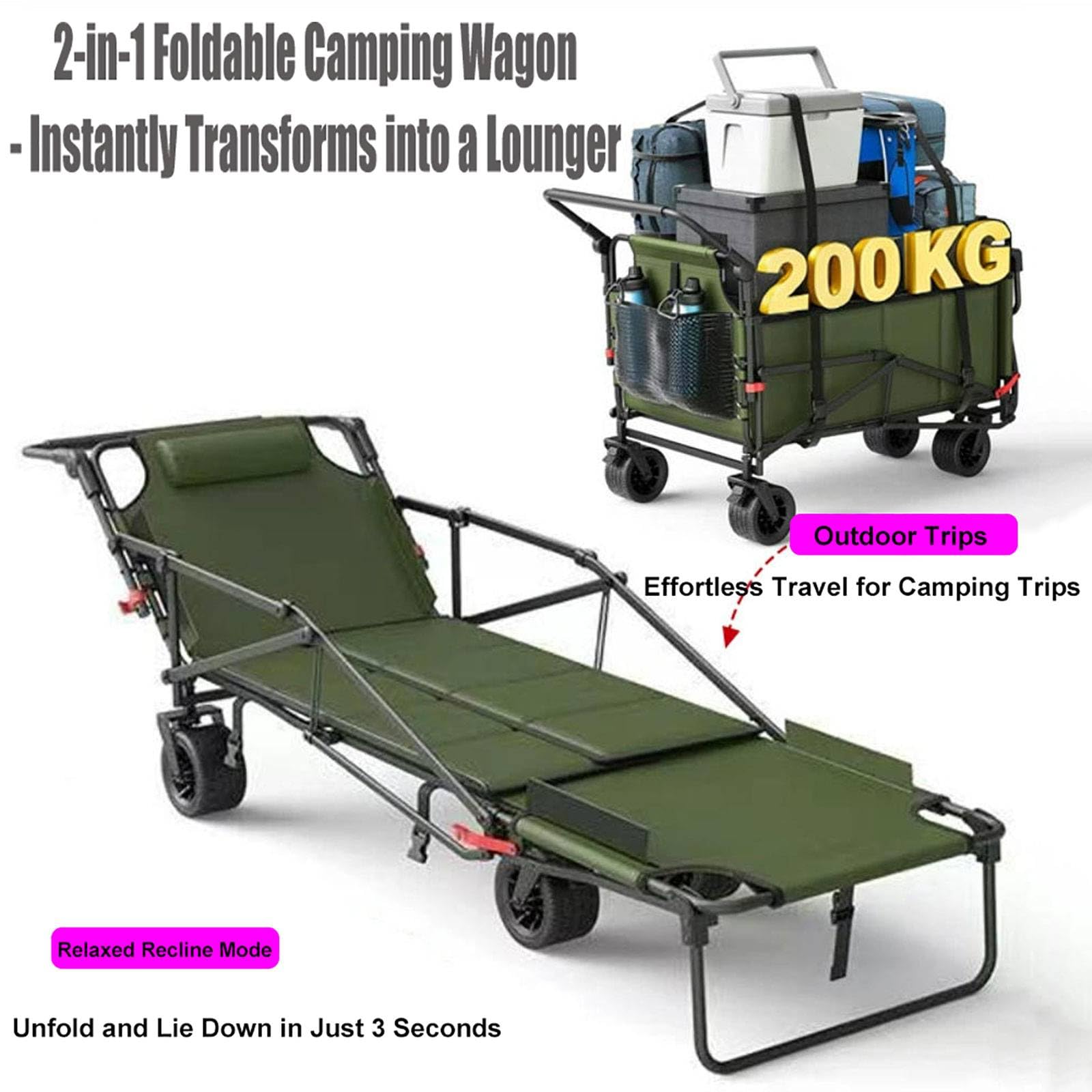 Składany wózek z leżakiem, składany, 400 l, koła terenowe, na plażę, do ogrodu, na kemping, maksymalne obciążenie 150 kg