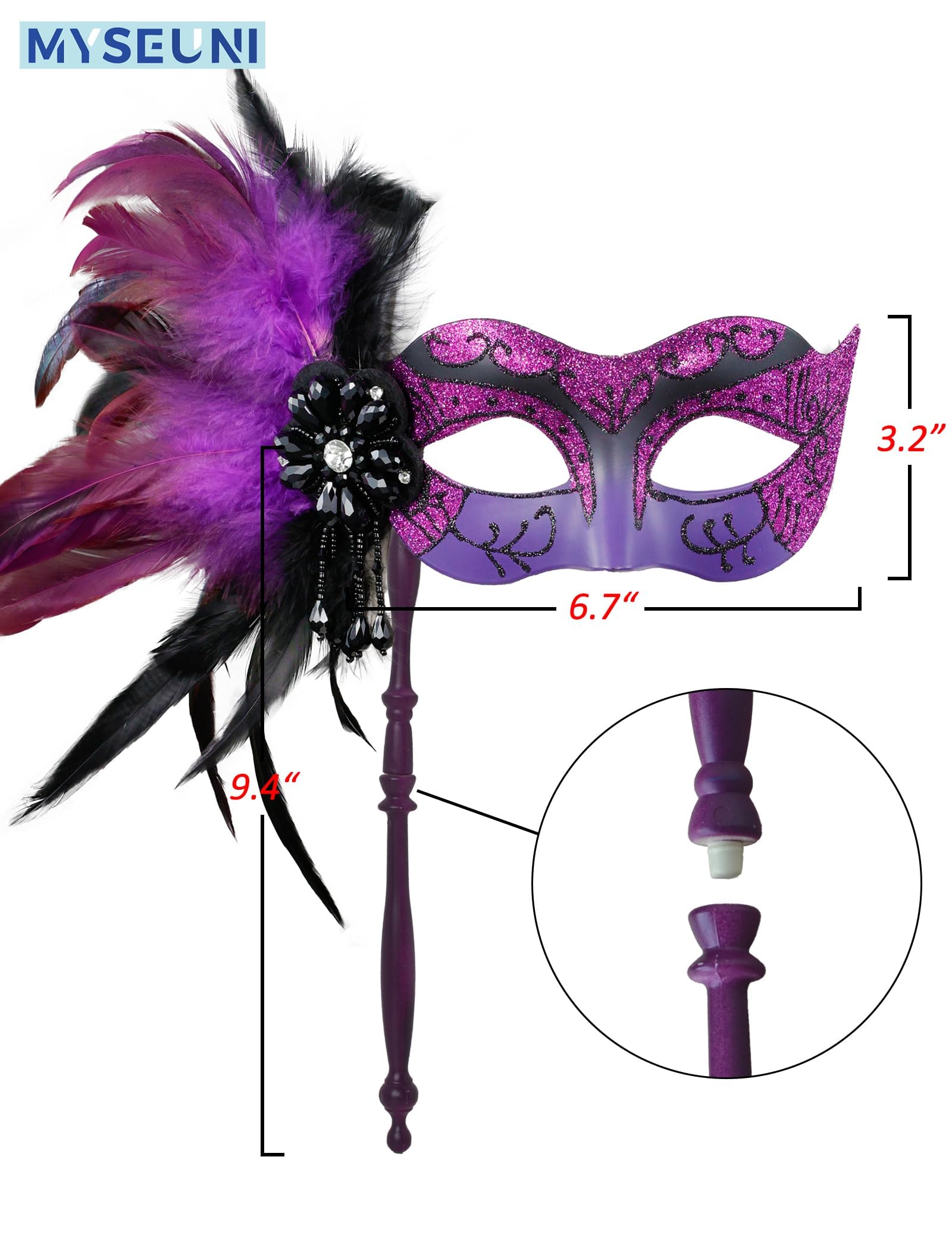 MYSEUNI 2025 New Purple Masquerade Mask for Women with Stick - Image 2