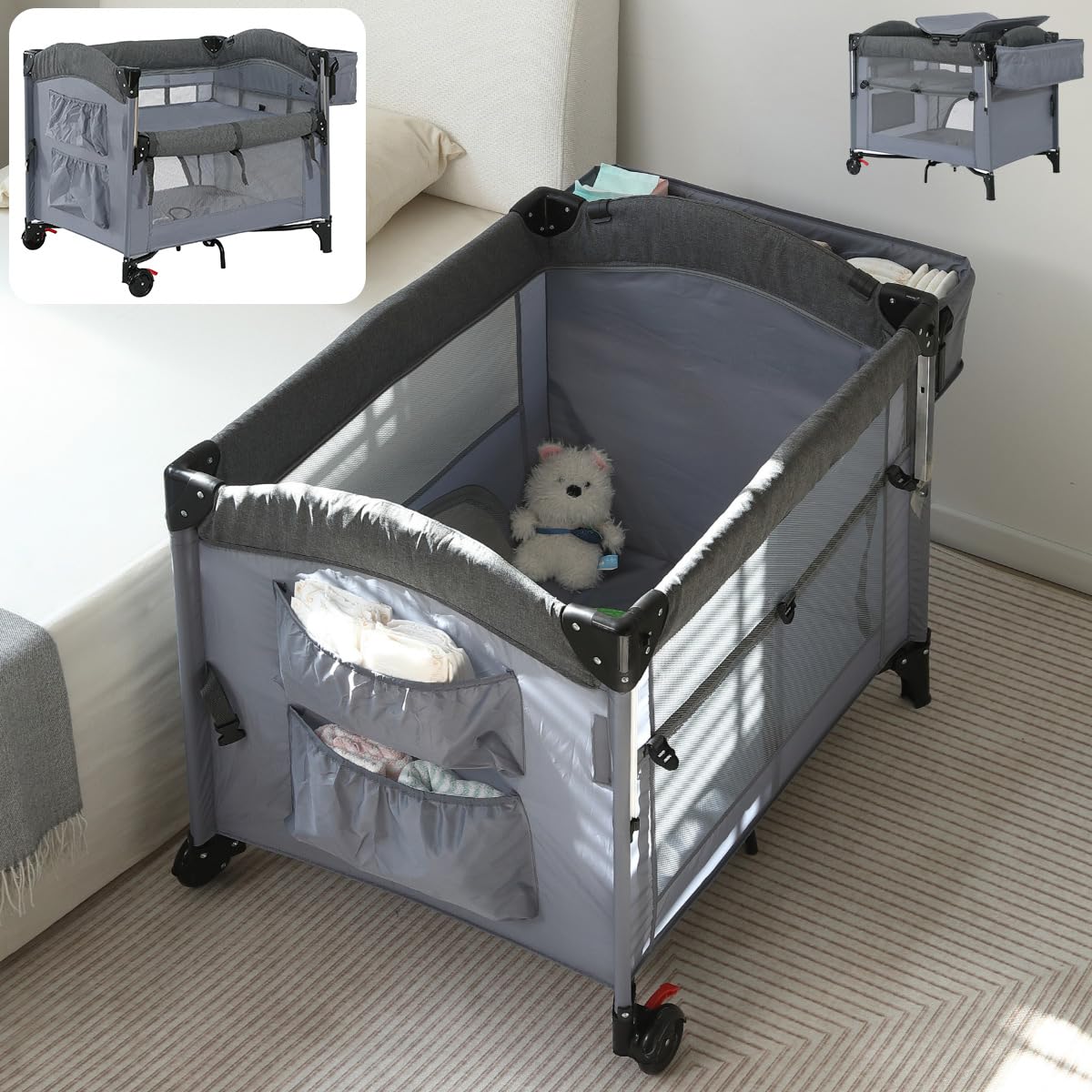 【ポチ様用】グレー ベビーベッド 収納付き折り畳み可能 ポチ様用】グレー ベビーベッド 収納付き折り畳み可能 ベビーベッド