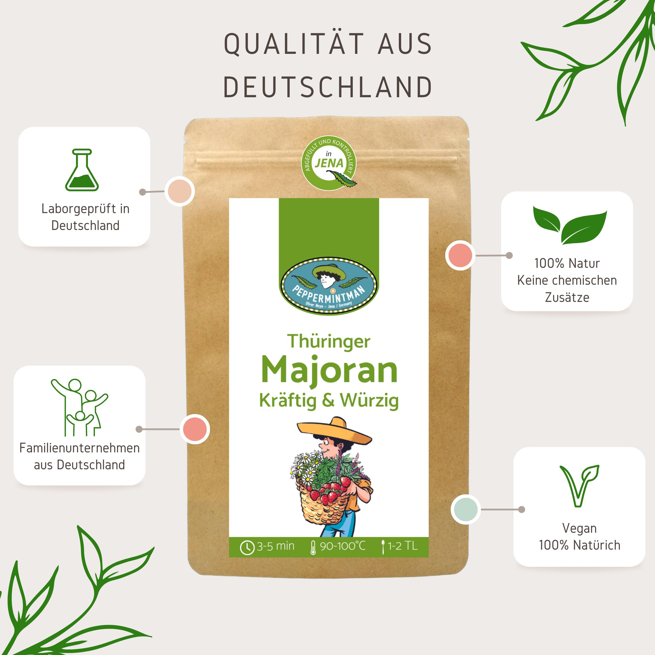 Turyndzki majeranek suszony 300 g – niemiecka odmiana – przyprawa premium o najwyższej jakości – słodko-cierpki, wyrazisty zapach PEPPERMINTMAN