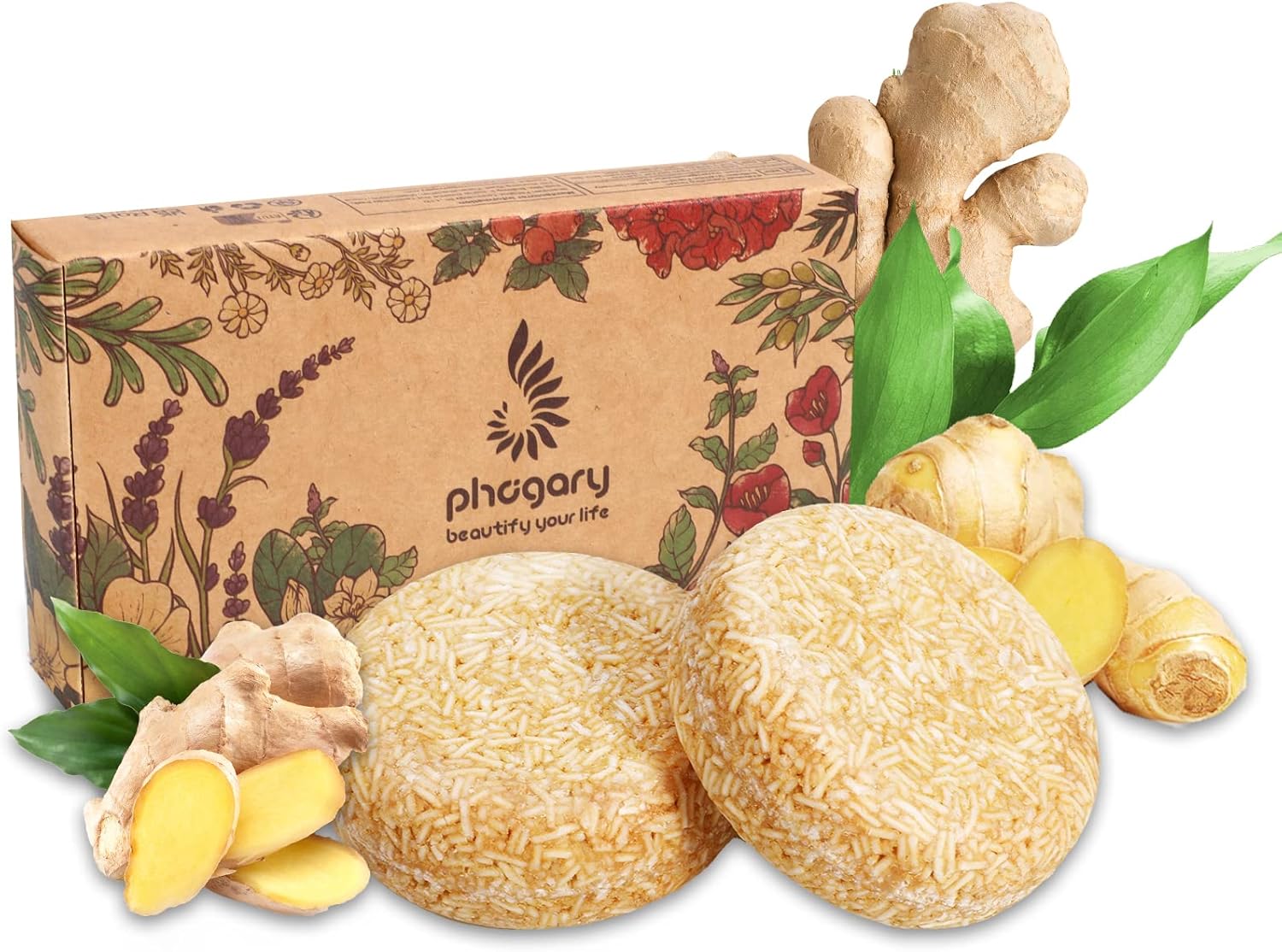 PHOGARY 2PCS Barre de Shampooing-Shampooing au Savon Capillaire au Gingembre Bio Soin Capillaire Naturel aux Extraits de Plantes, Hydrate les Cheveux et Nettoie les Pores du cuir Chevelu 3,88 oz