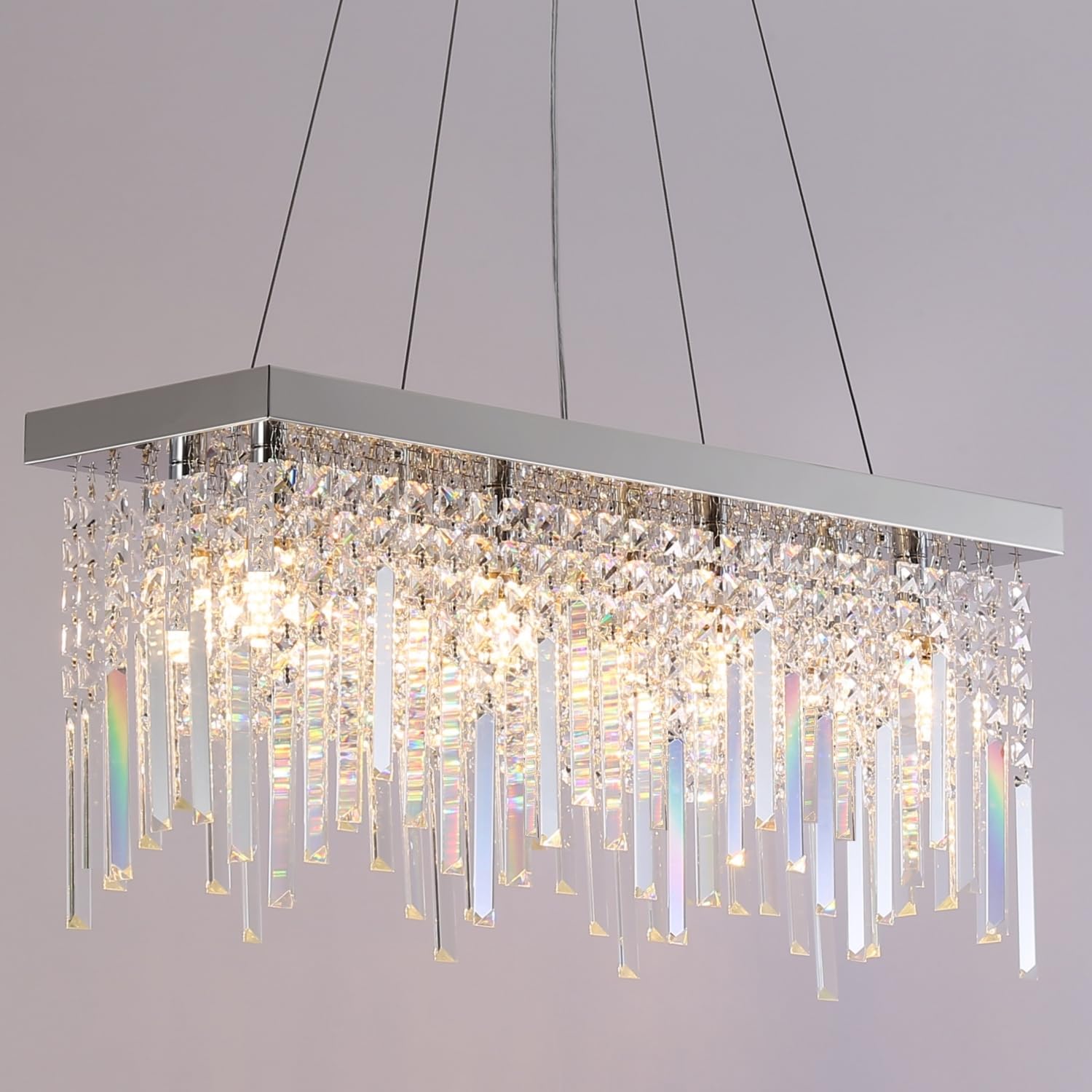 Photo 1 of Rectangular Chandelier Modern Crystal Rectangle Chandelier Pendant Light Chrome Hanging Lighting Fixture Stainless Steel for Dining Room Kitchen Island Lighting (Chrome, 32" Rectangular Chandelier)