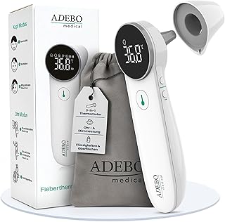 ADEBO Medical® Fieberthermometer Stirn & Ohr | 3-in-1 Infrarot-Thermometer kontaktlos | Für Babys, Kinder & Erwachsene | Misst Körper-, Objekt- & Raumtemperatur | Digitales Thermometer mit LED & Alarm