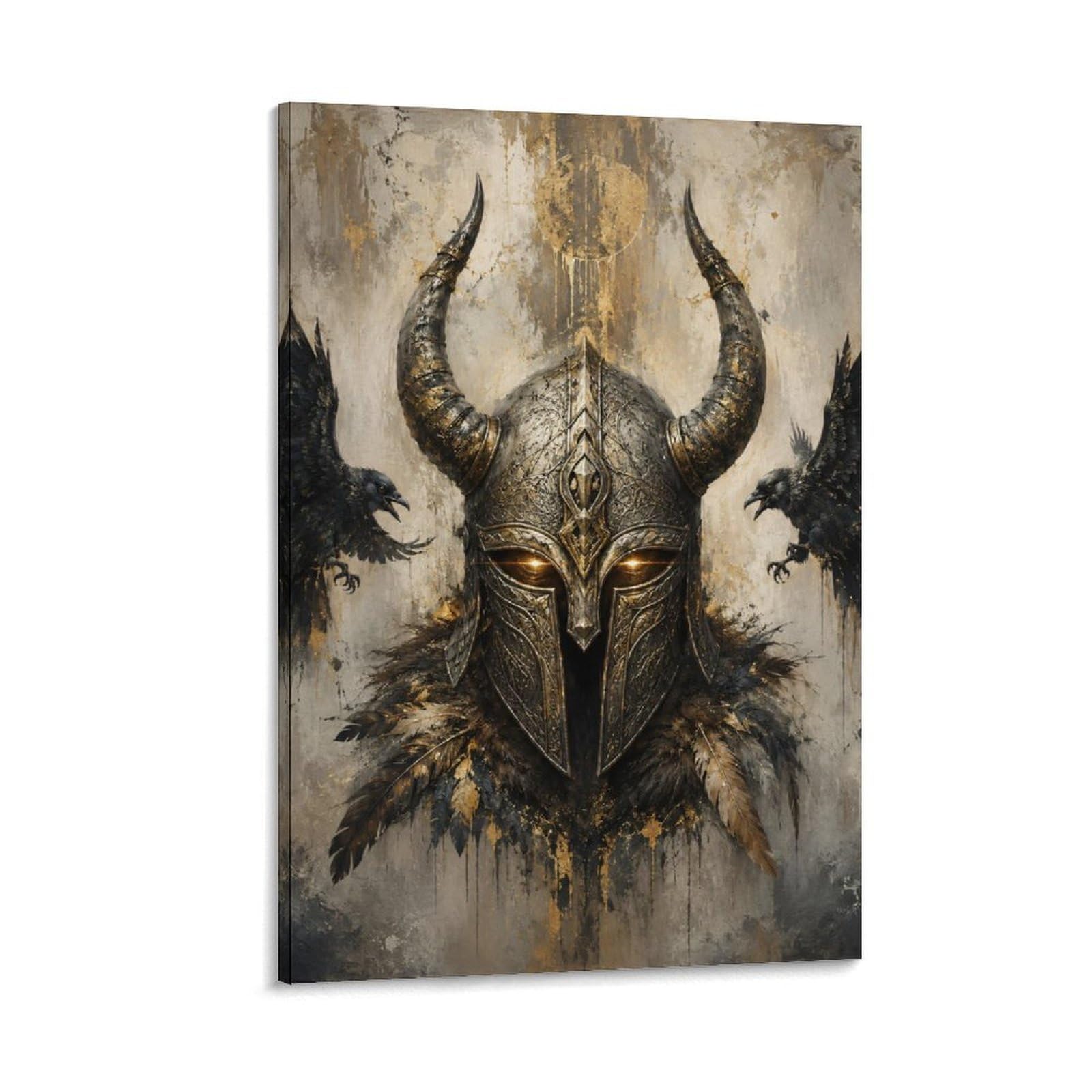 H3B8U2Y5 Viking Helmet Black Ravens Canvas Wall Art, Dark Nordic Fantasy