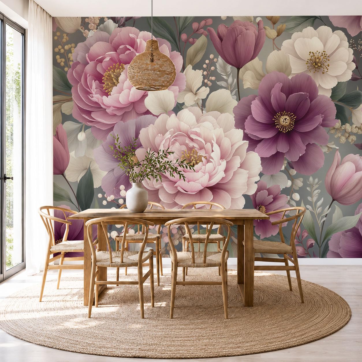 Peonia Fiori Tulipano Carta Da Parati Panoramica 300L×210A Cm, Floreale Retrò Realistico Parati Seta, Rosa-Violaceo Grandi Murali Per Soggiorno Camera Da Letto Studio
