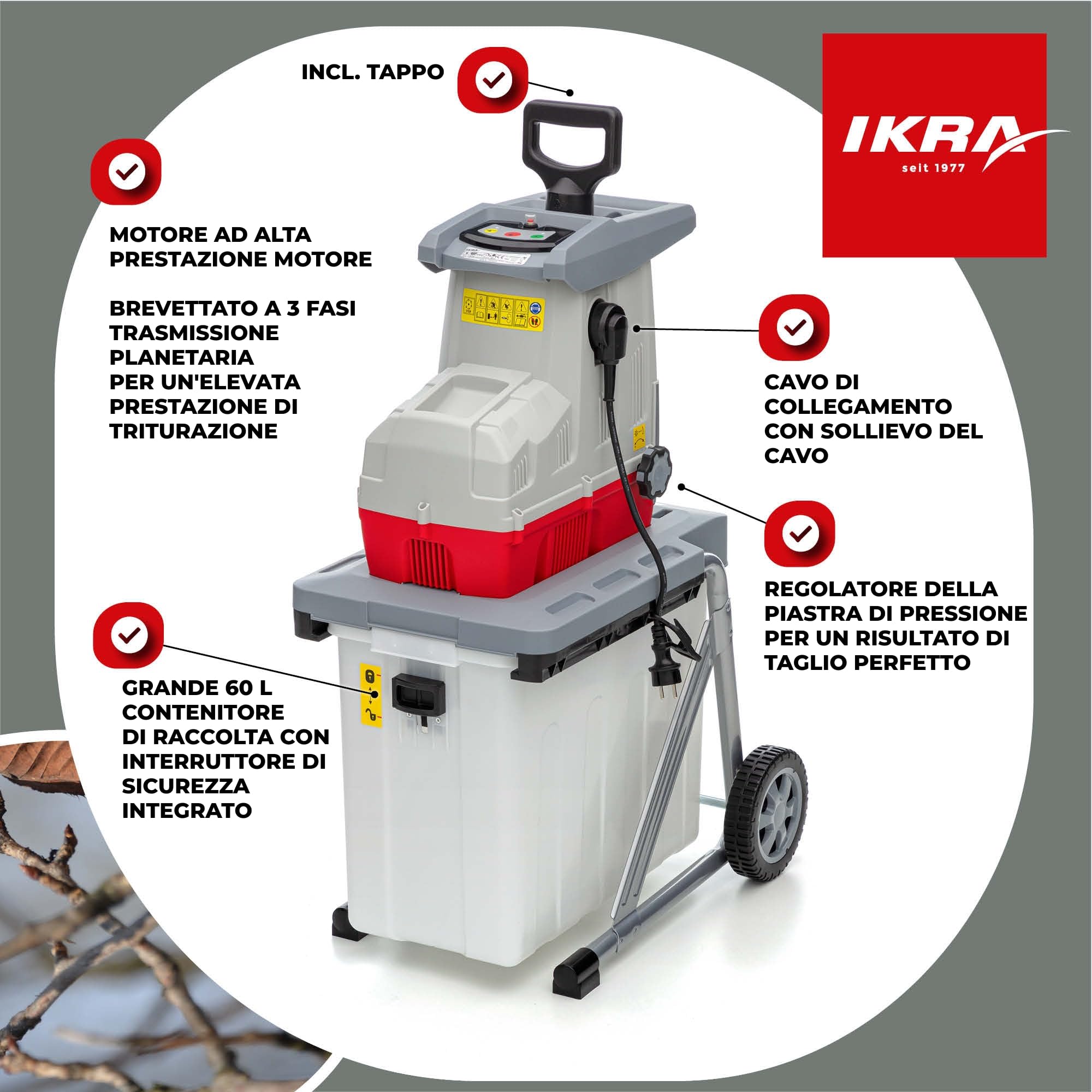 IKRA trituratore elettrico ILH 3200 A - silenzioso, robusto, a bassa manutenzione, potente 3200 W, spessore dei rami fino a 44 mm